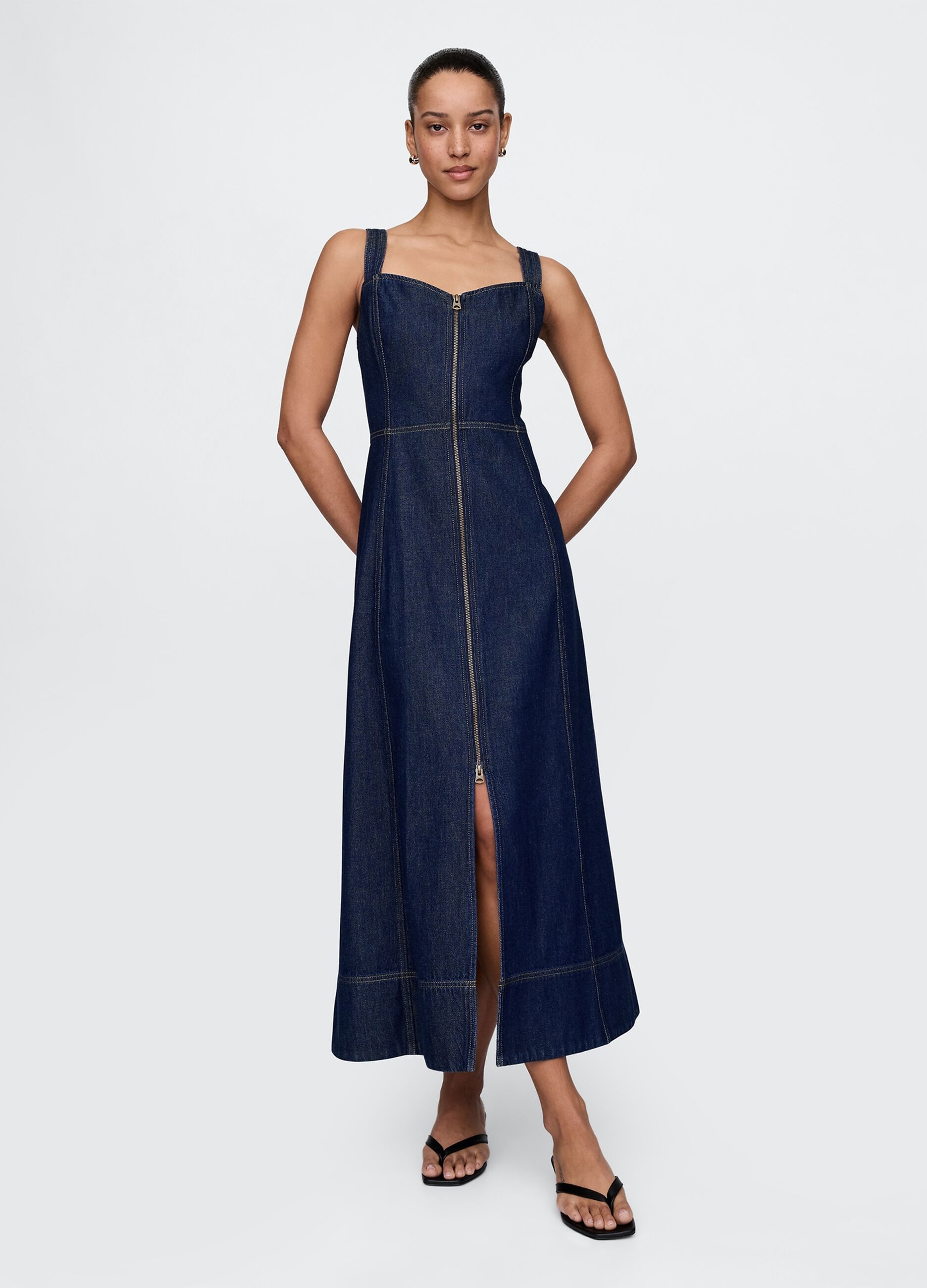 Abito lungo denim con zip frontale