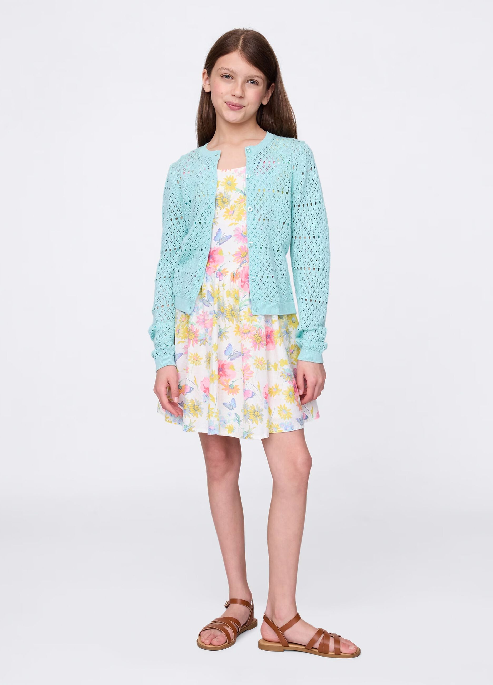 Vestito fantasia floreale in lino e cotone