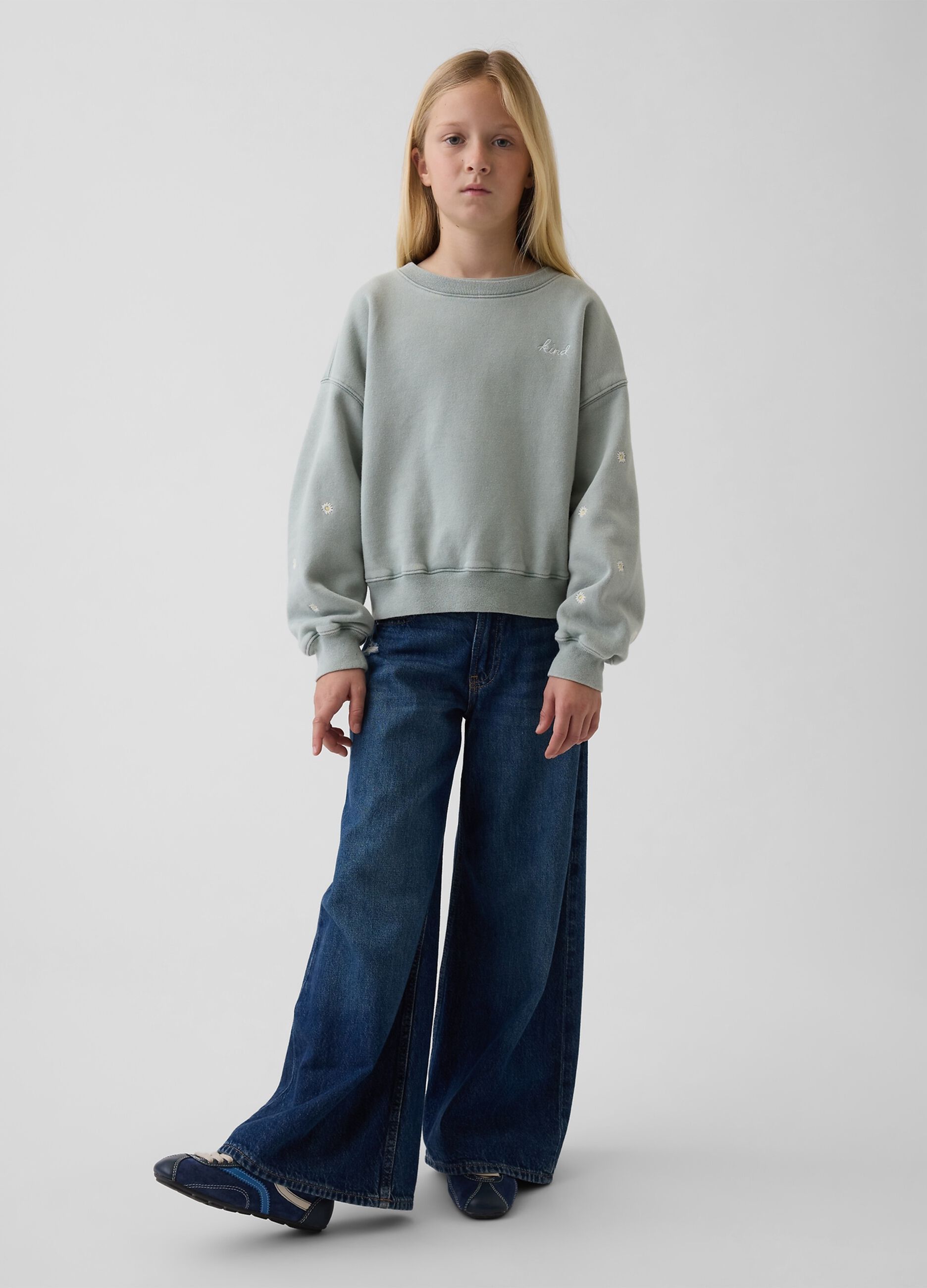 Grey cotton blend sweatshirt for girls with floral details