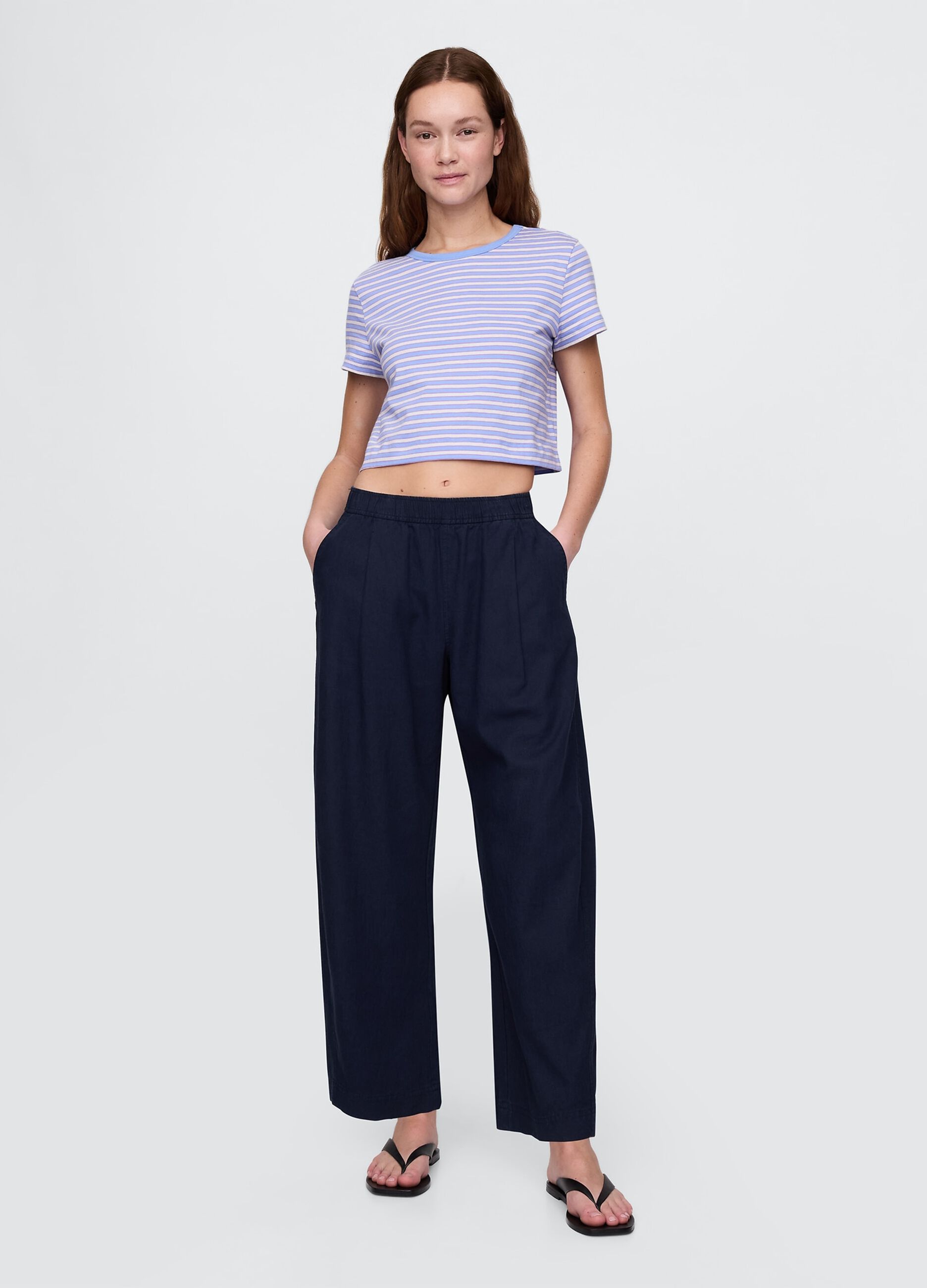 Pantaloni ampi blu in lino e viscosa
