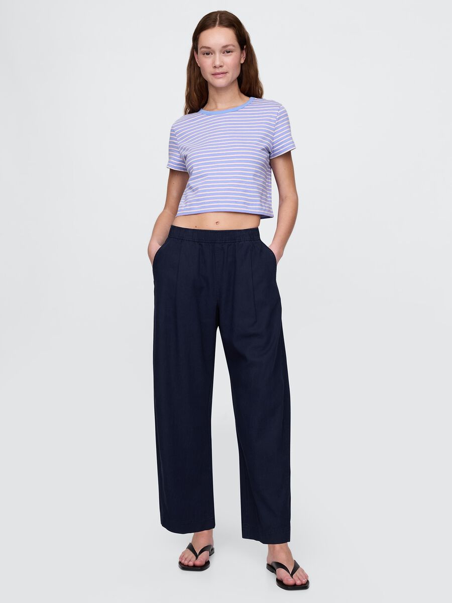 Pantaloni ampi blu in lino e viscosa Donna_0