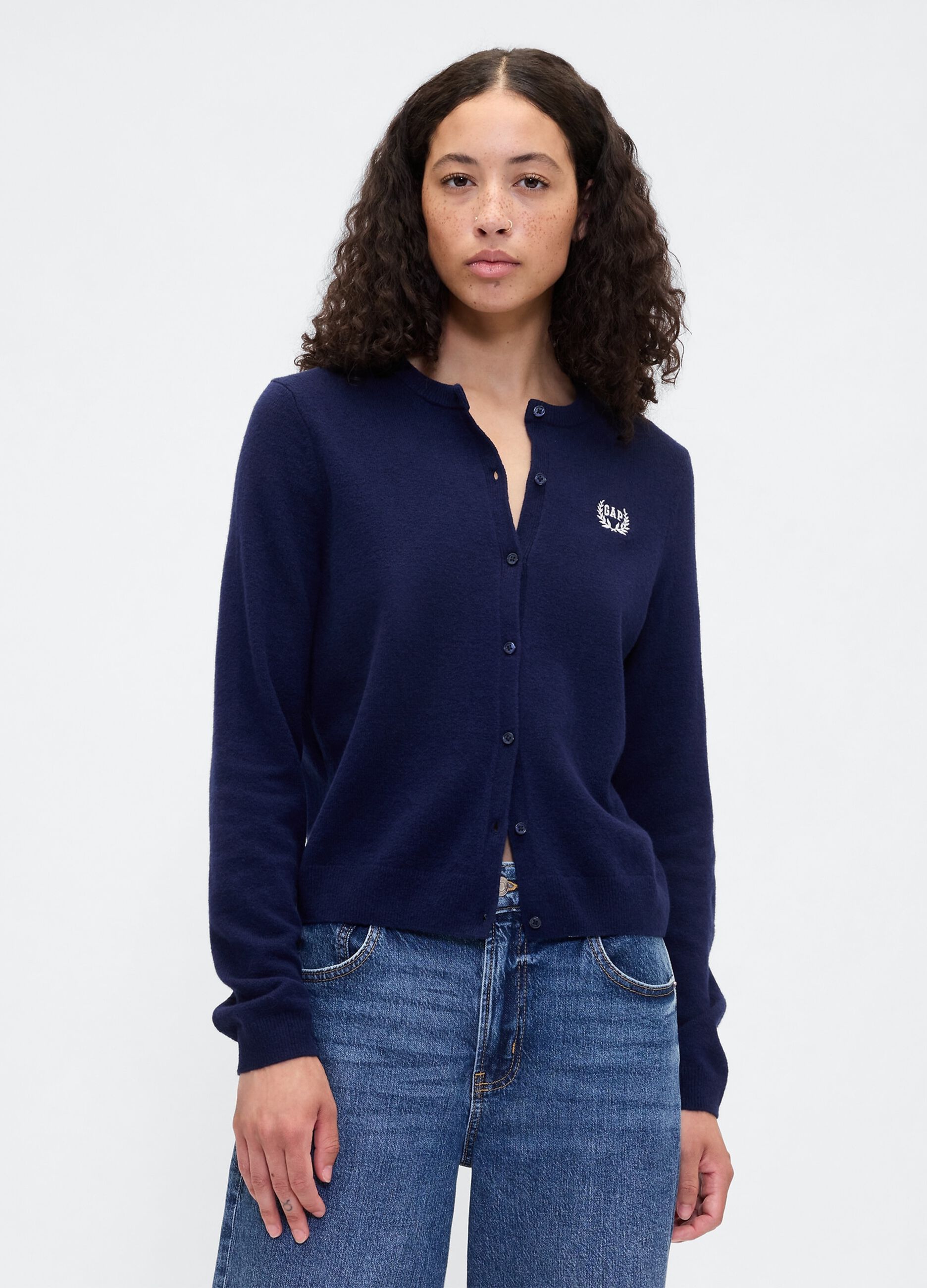 Cardigan blu in misto tessuti_1