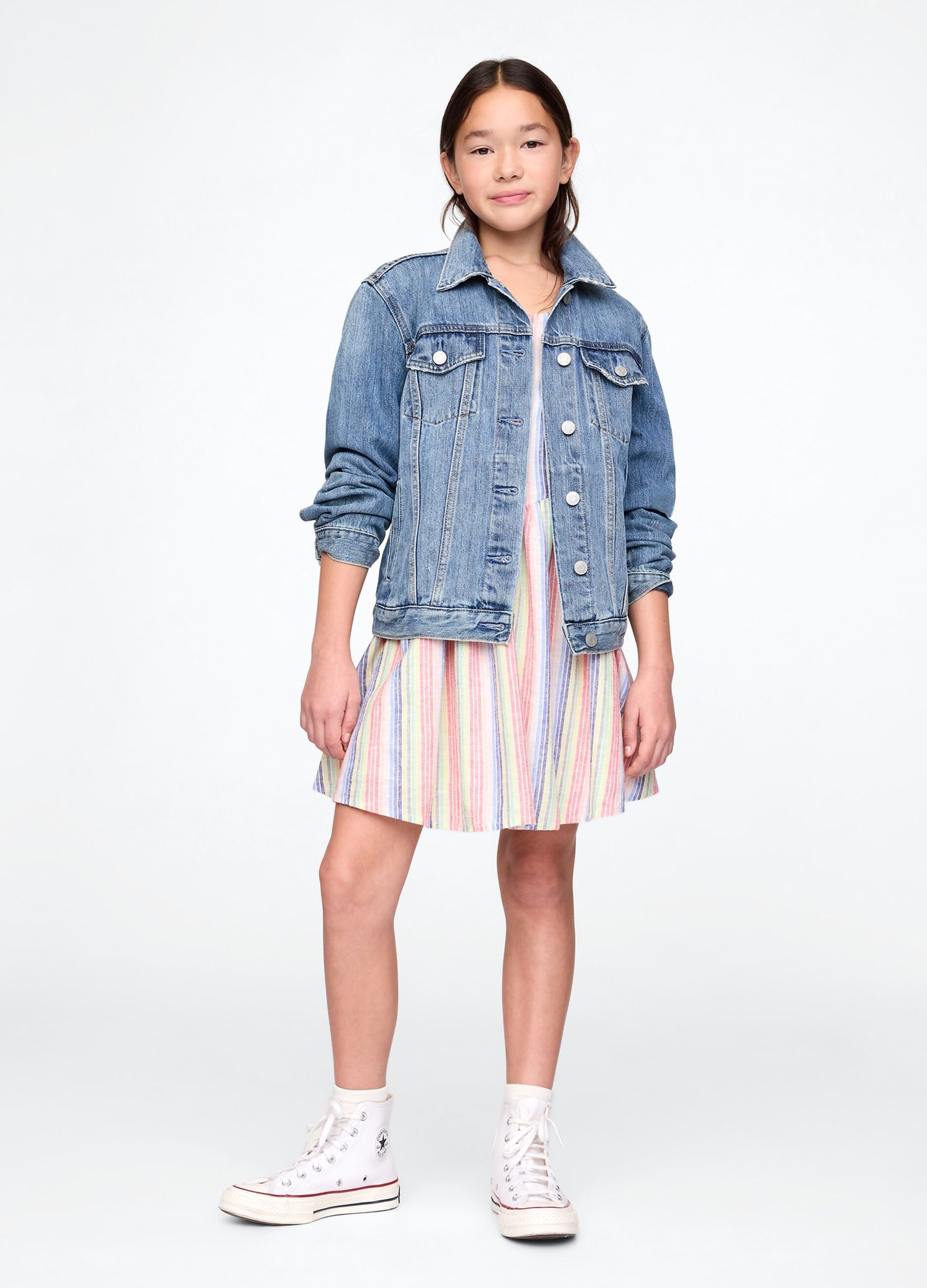 Abito in lino e cotone a righe multicolori per bambina