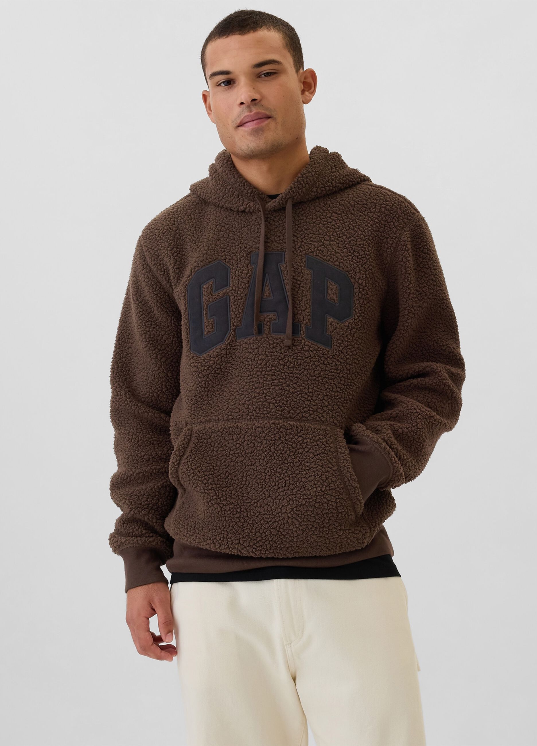 Felpa in pile borg con cappuccio e ricamo logo