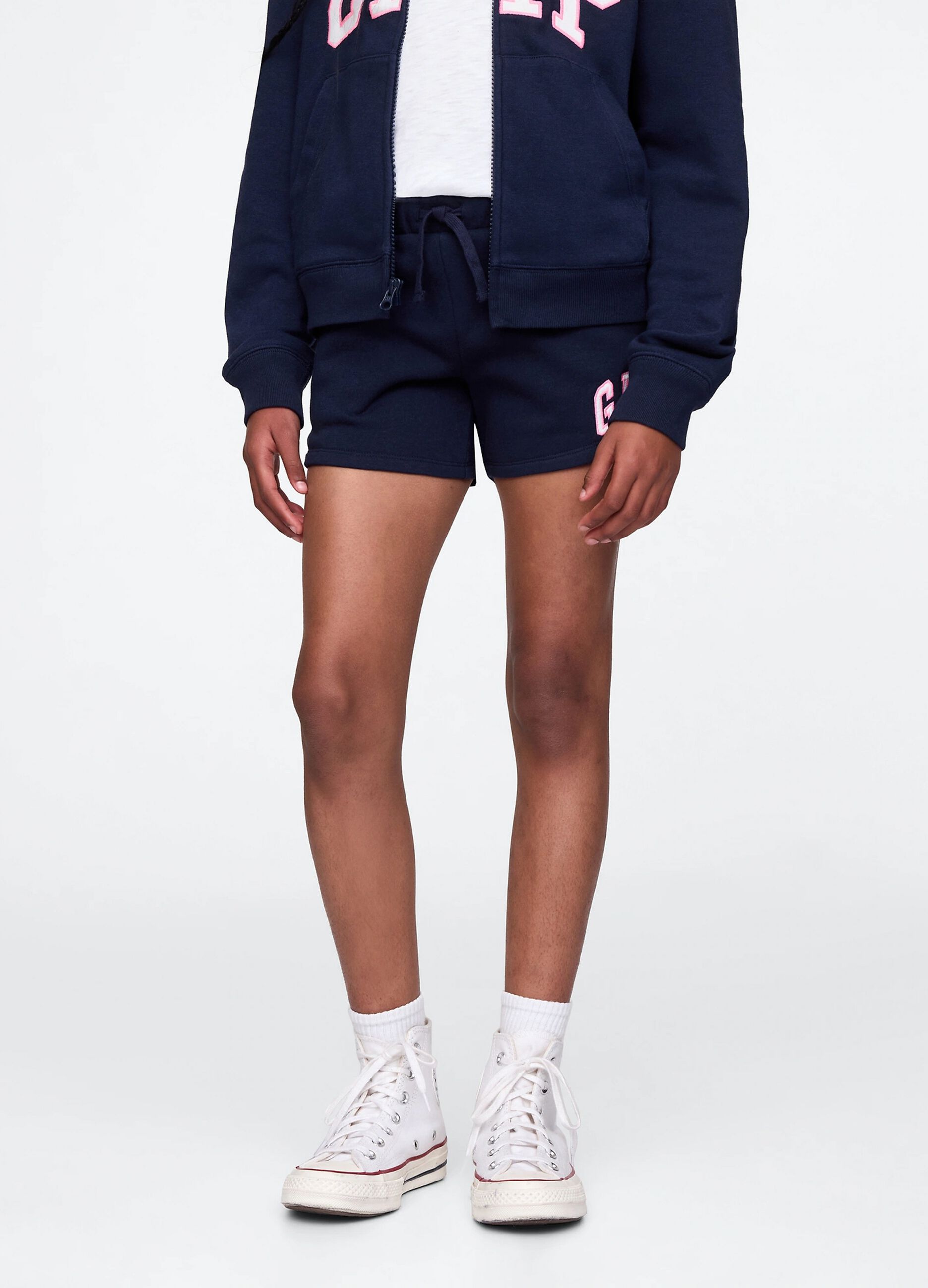 Shorts blu con coulisse e patch logo_1