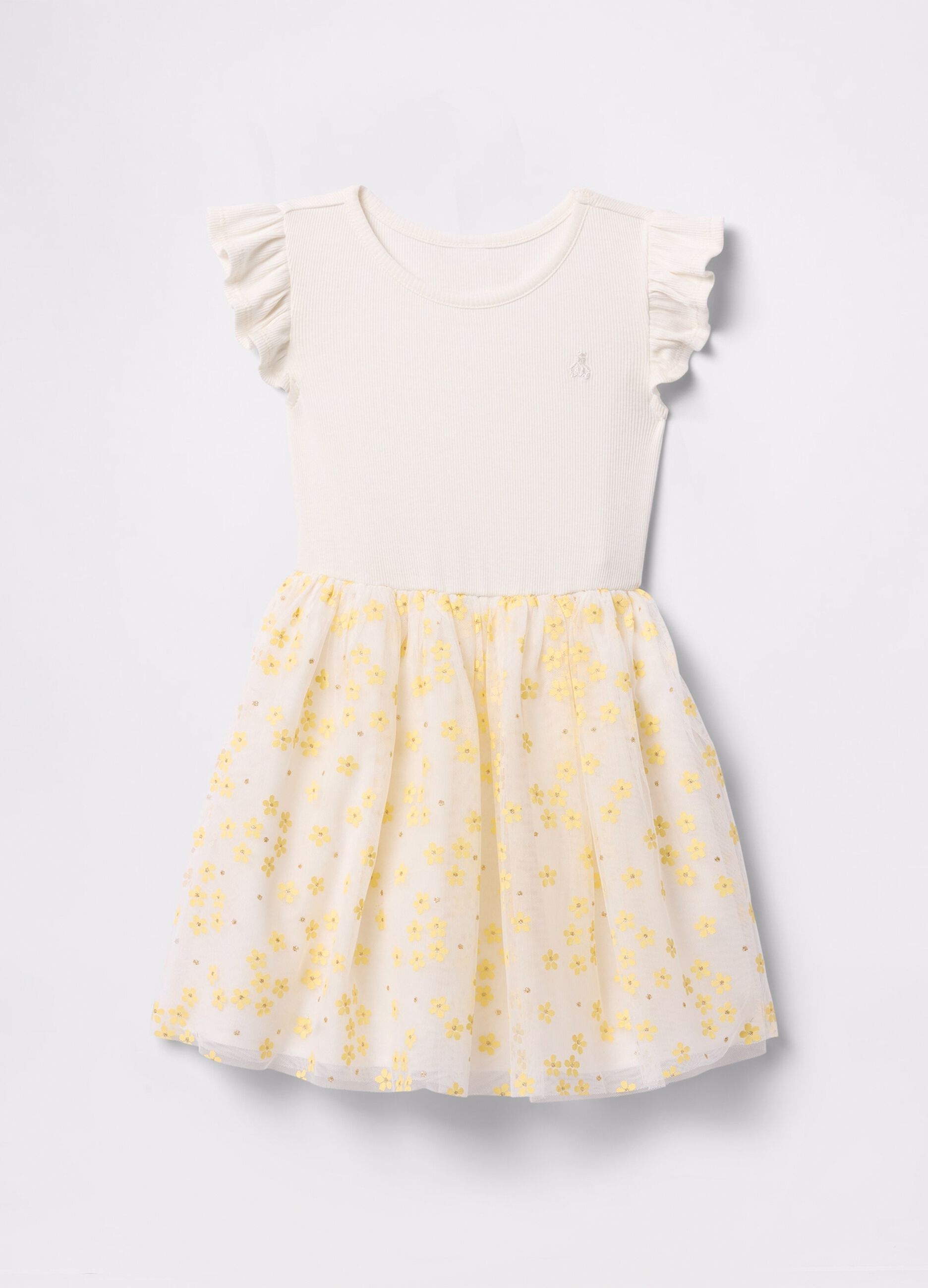 Abito bianco con gonna in tulle floreale_1