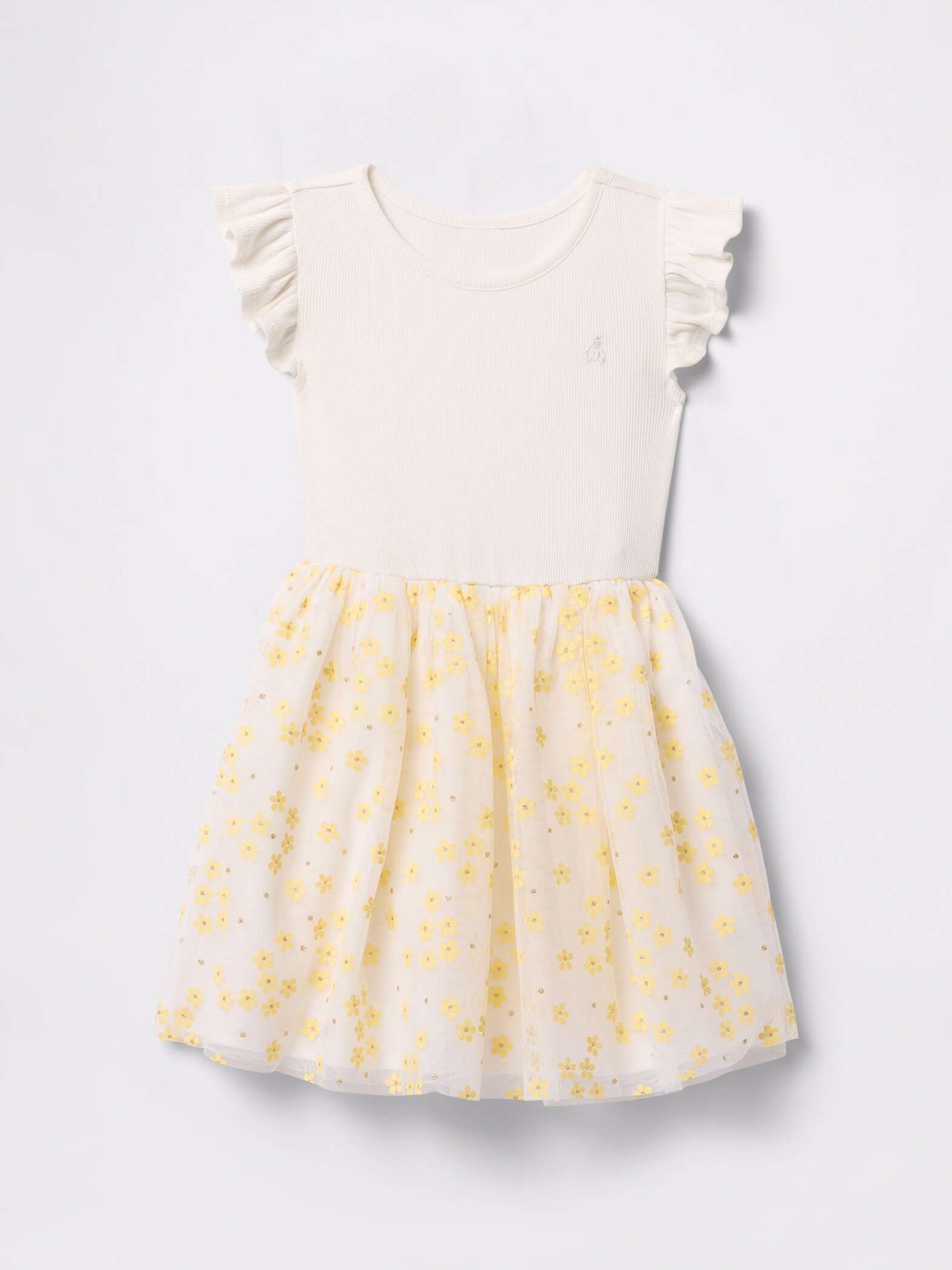 Abito bianco con gonna in tulle floreale_1