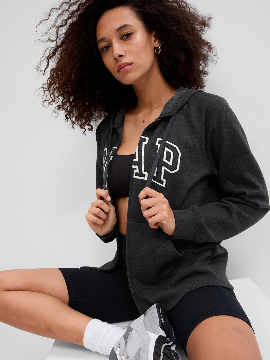 Full-zip sweatshirt with hood and logo embroidery Woman_0
