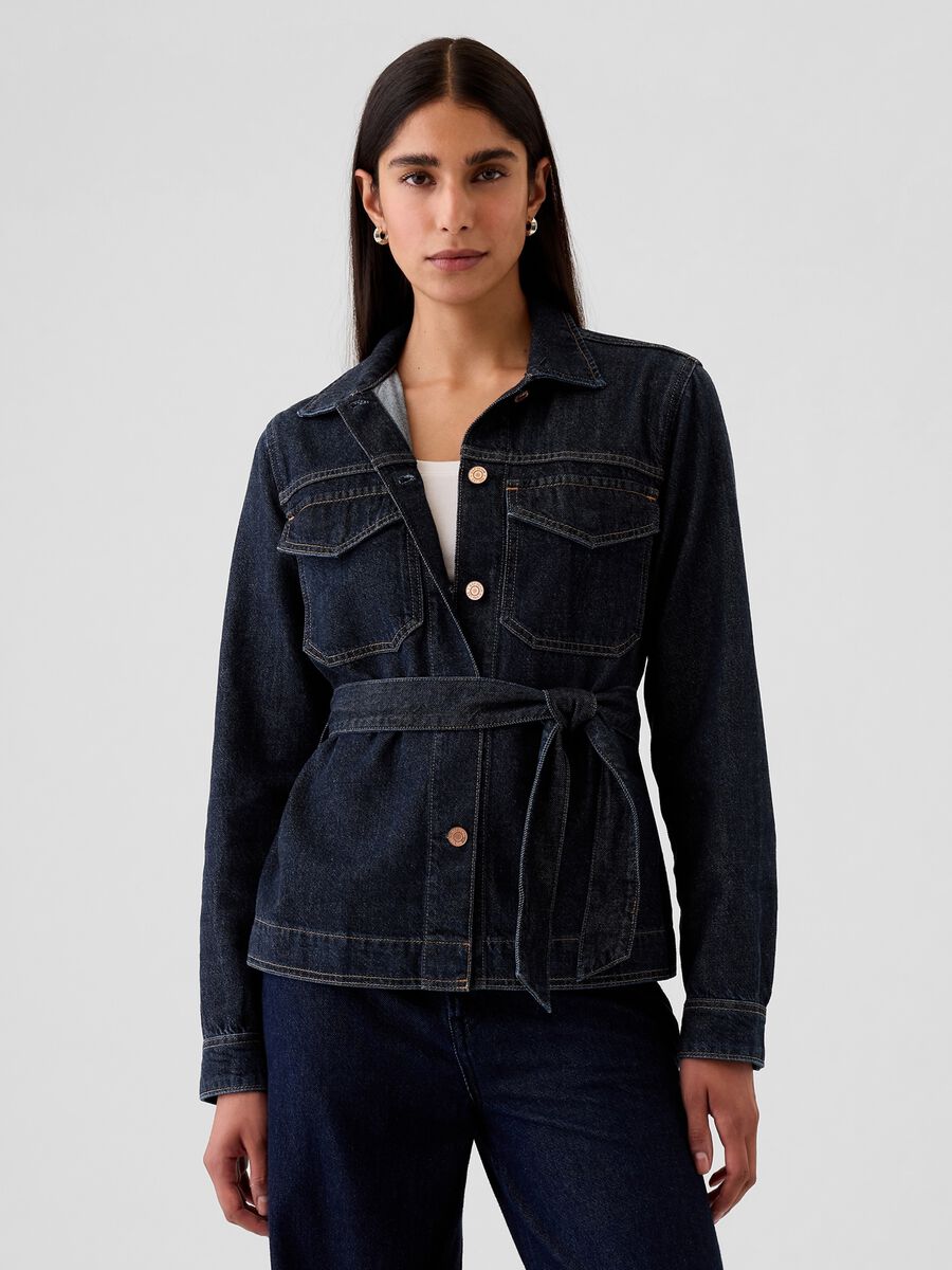 Giacca corta in denim con cintura Donna_0