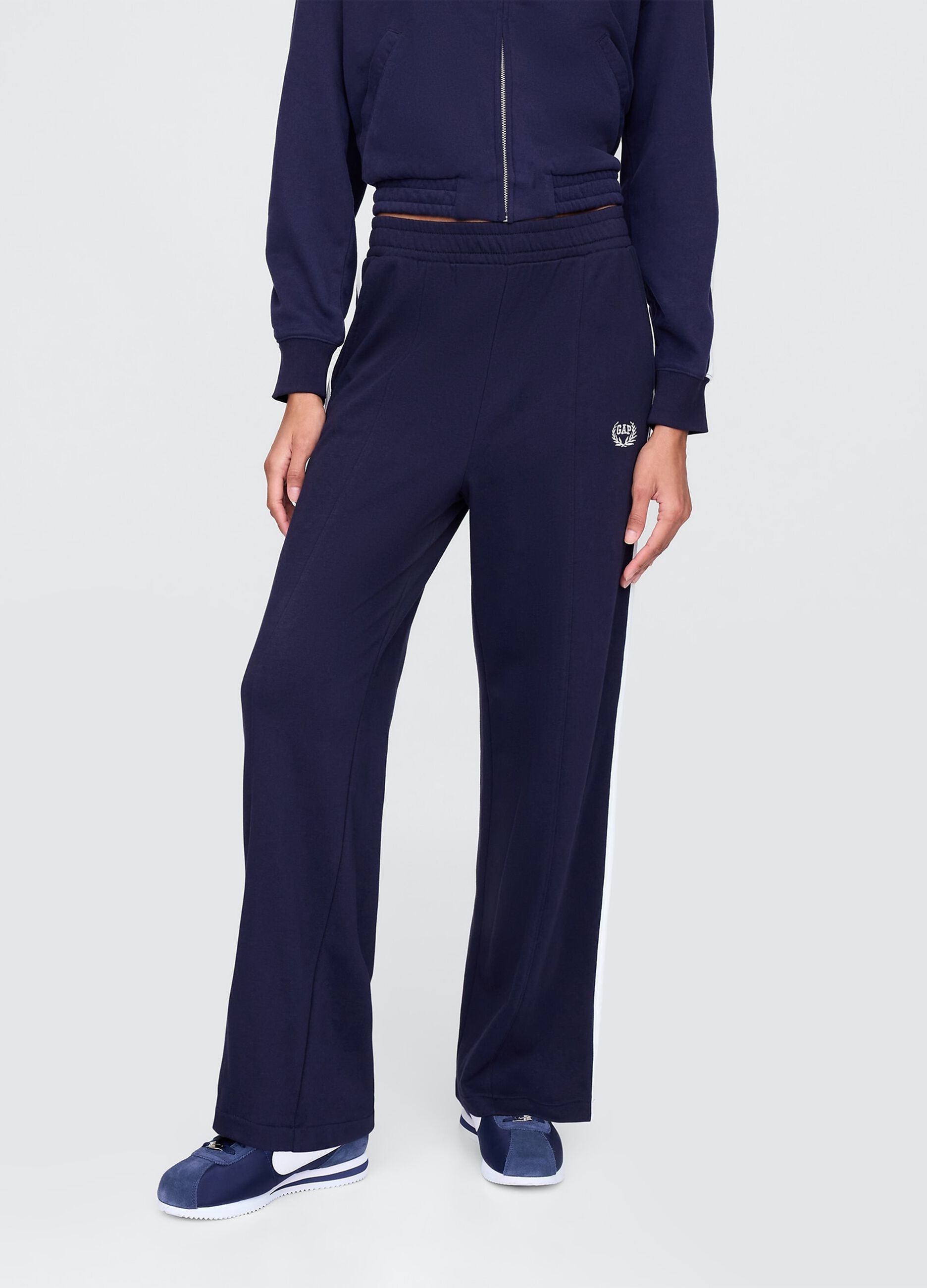 Pantaloni blu navy sportivi in misto cotone e tessuto_1