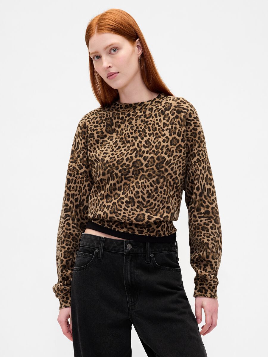Felpa marrone leopardata a girocollo Donna_0