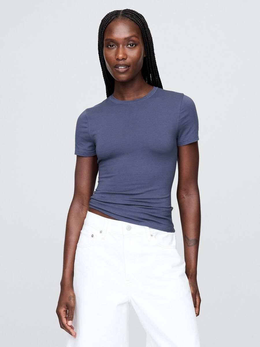 Short-sleeved Blue Stretch T-shirt Woman_0