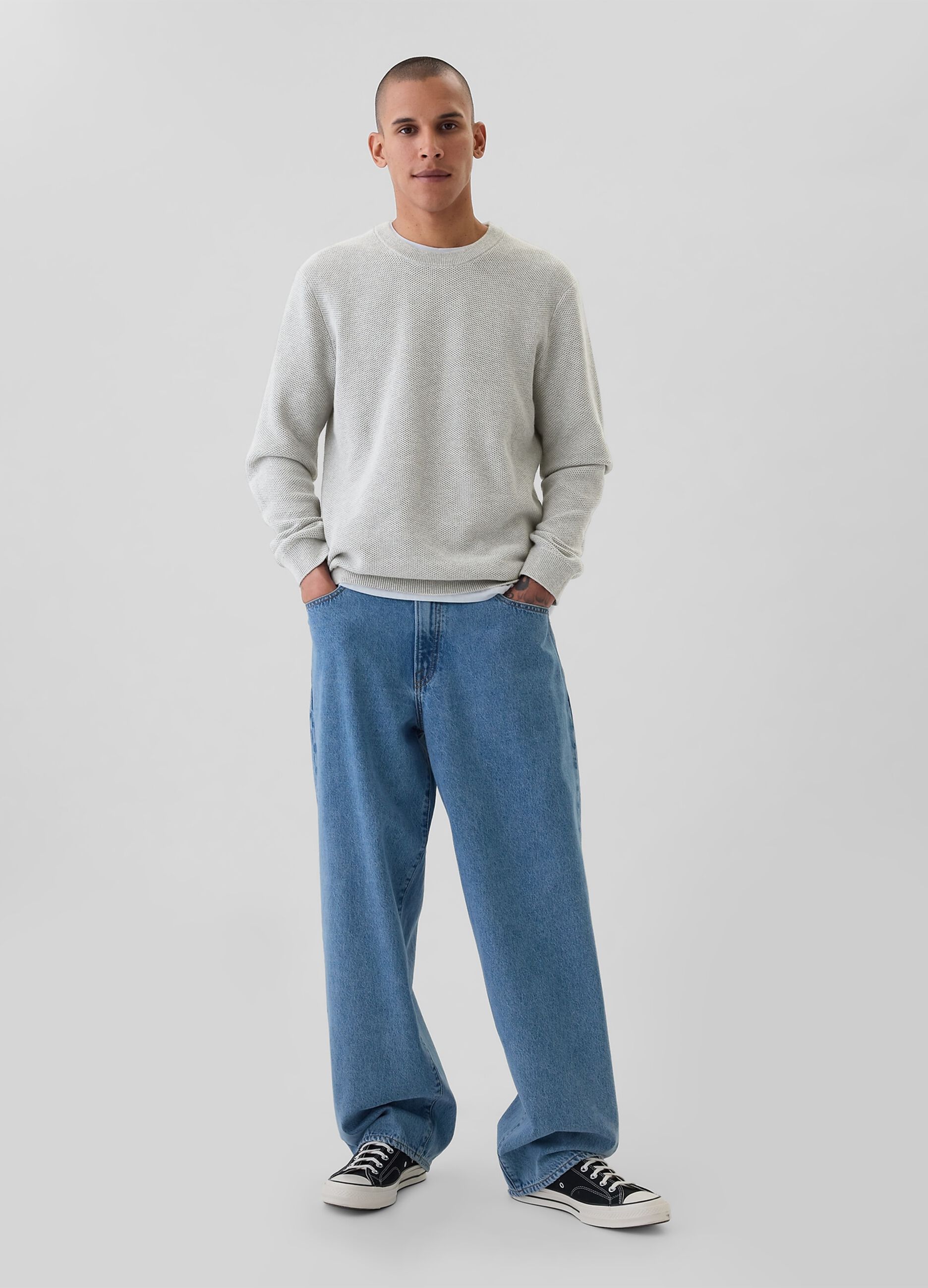 Pullover in cotone con trama a nido d'ape_1