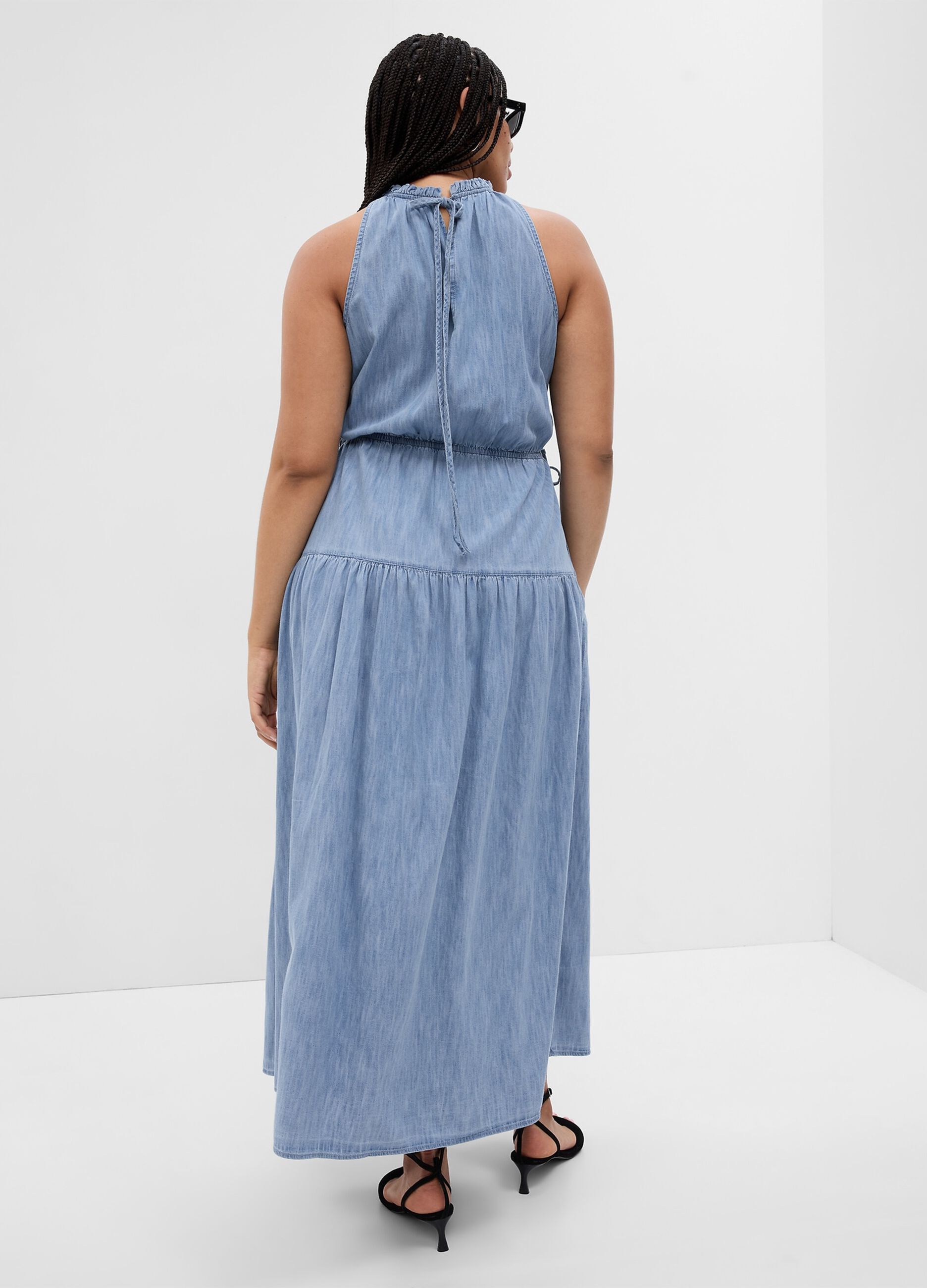Abito lungo in denim scollo all'americana_4