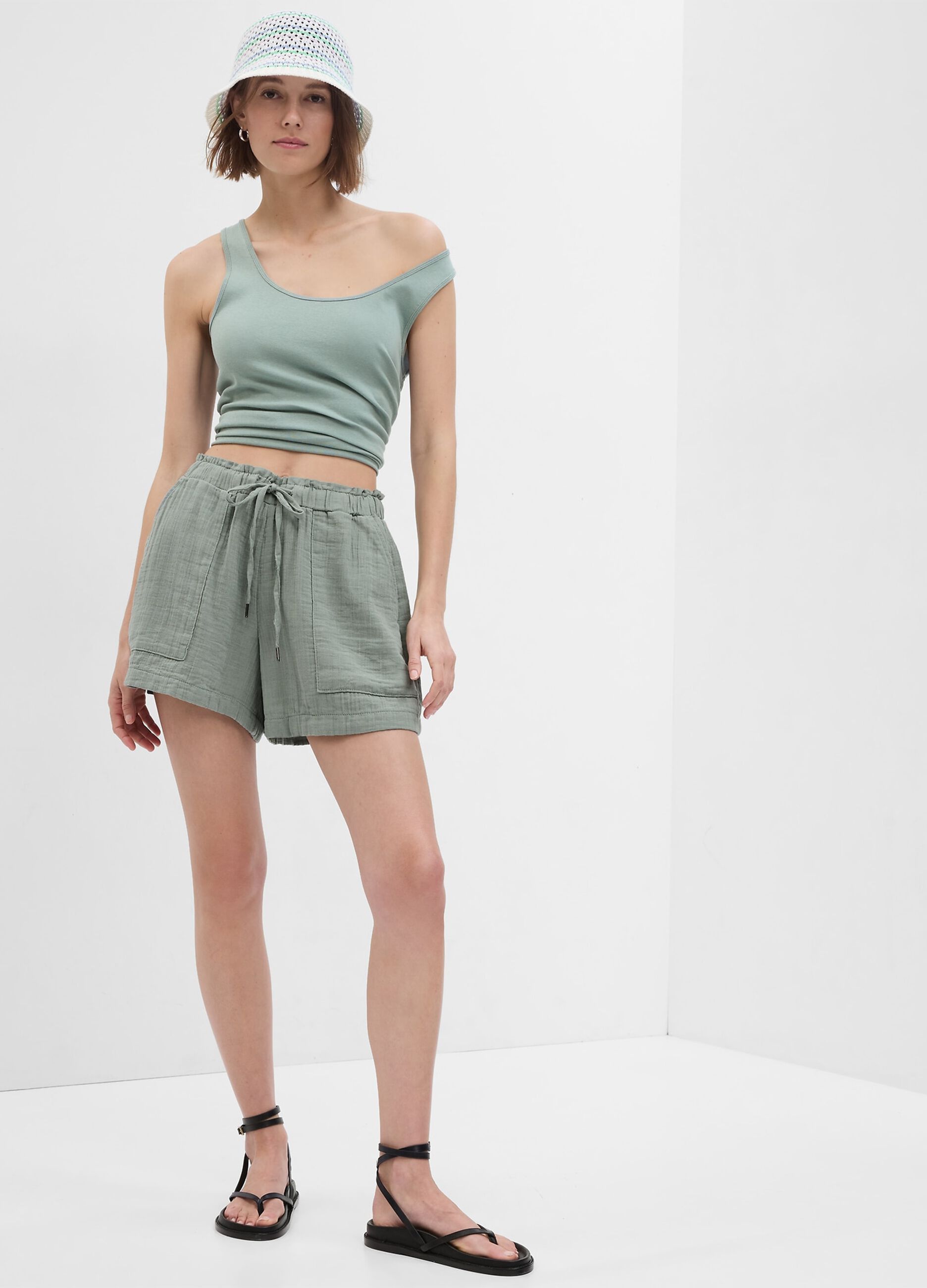 Crinkle-effect cotton gauze shorts