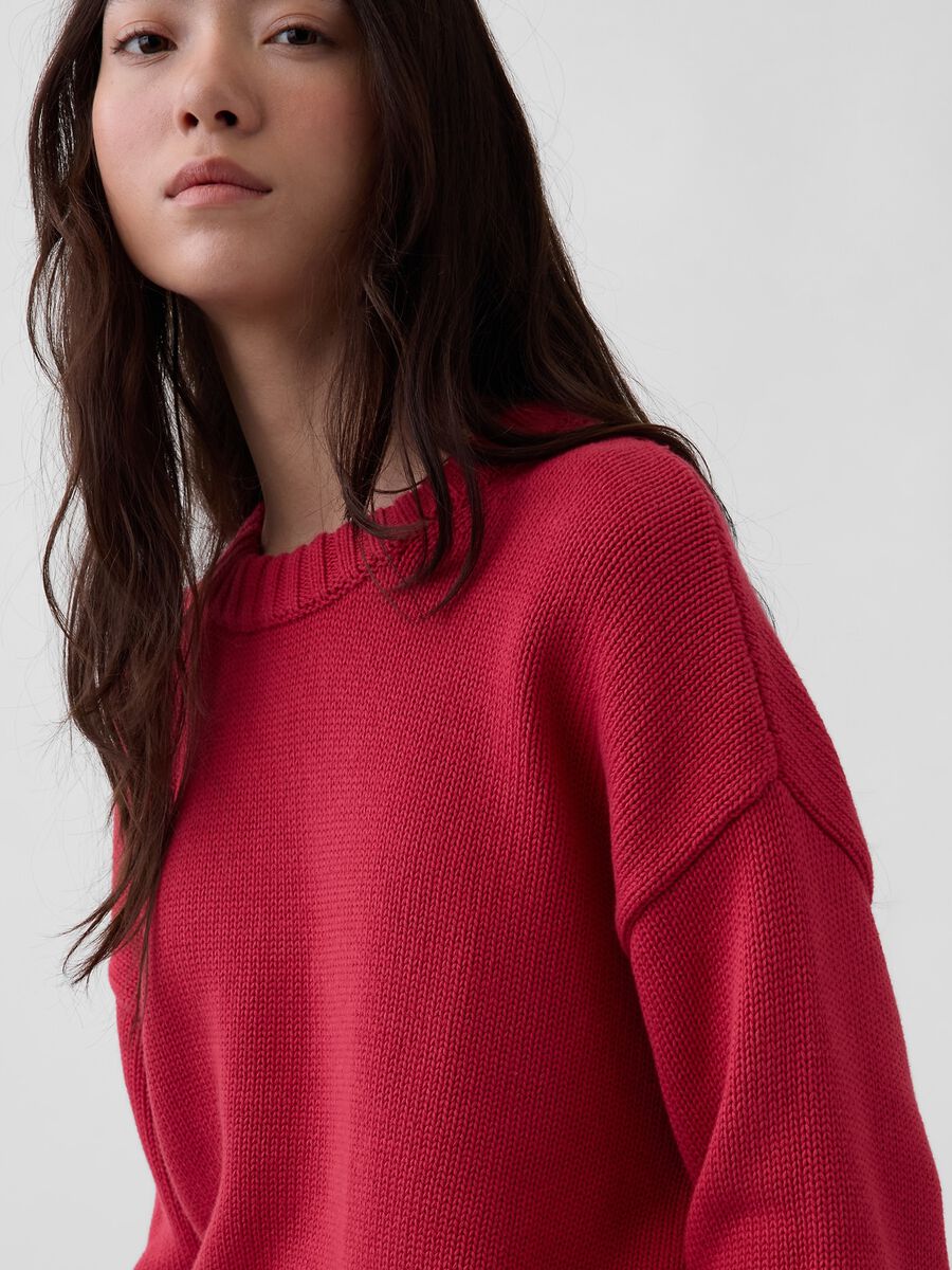 Maglione girocollo in puro cotone rosso regular fit Donna_3