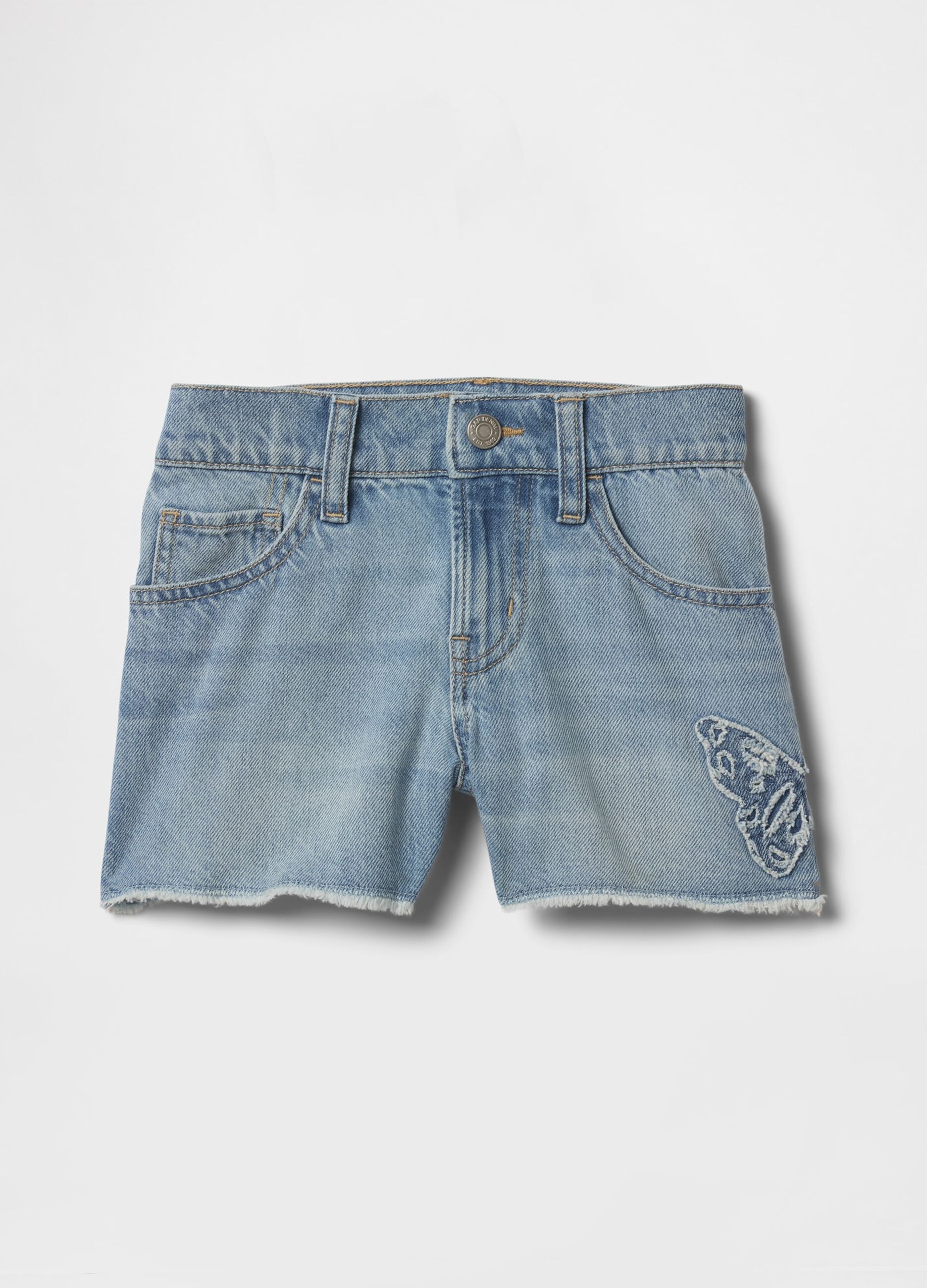 Shorts in denim chiaro con applicazione a farfalla_3