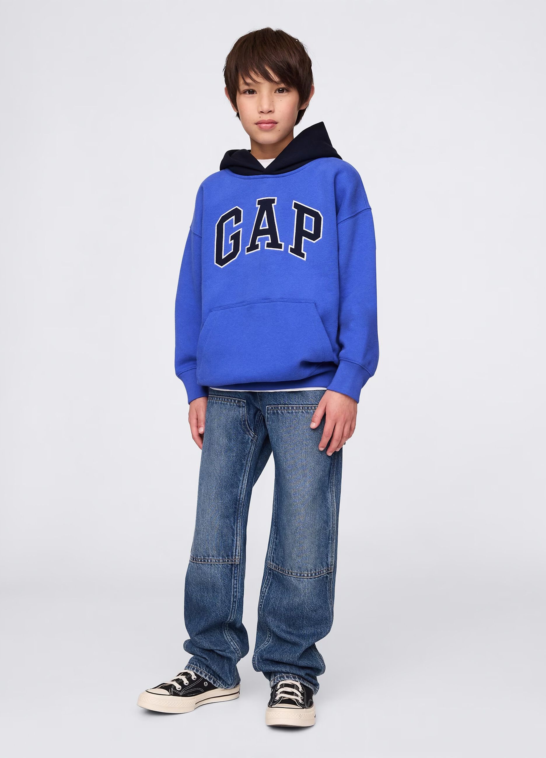 Blue sweatshirt with hood and logo embroidery_2