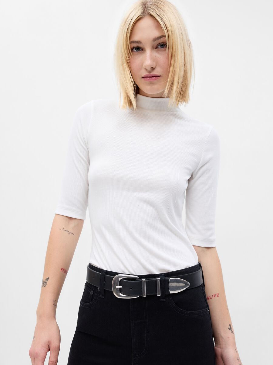 T-shirt a costine sottili maniche al gomito Donna_0