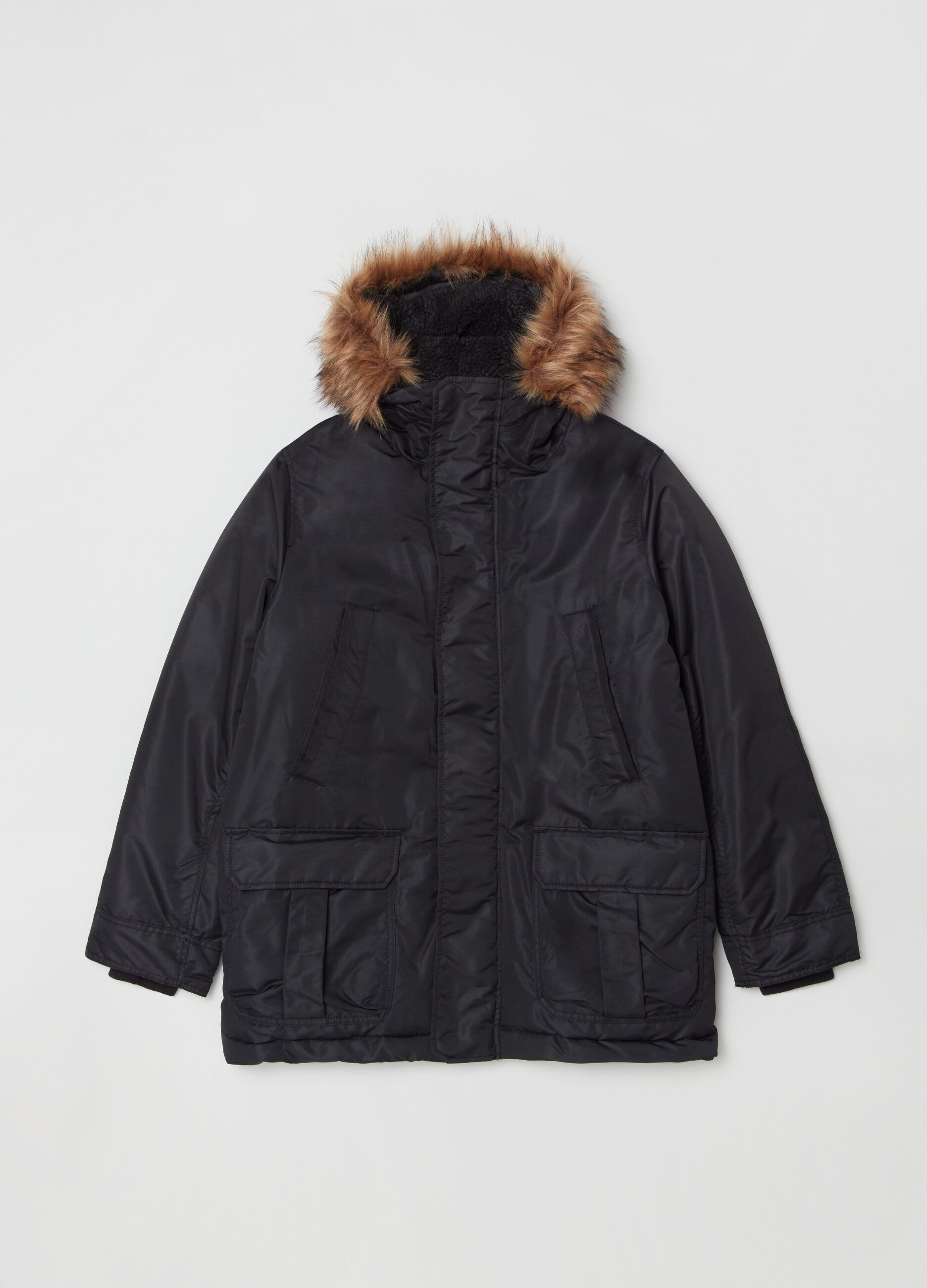 Parka with hood and sherpa lining.