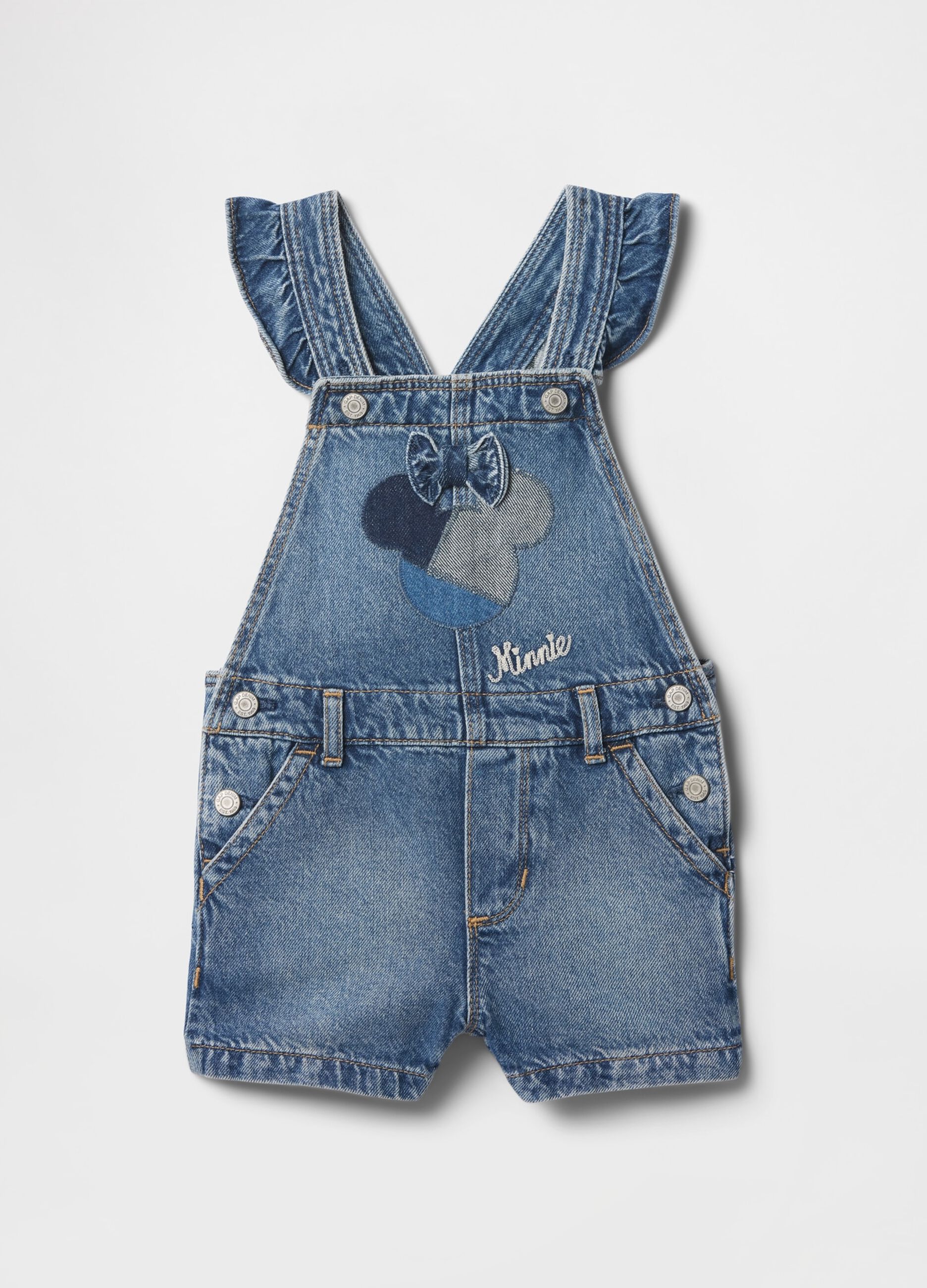 Salopette denim corta con ricamo Minnie