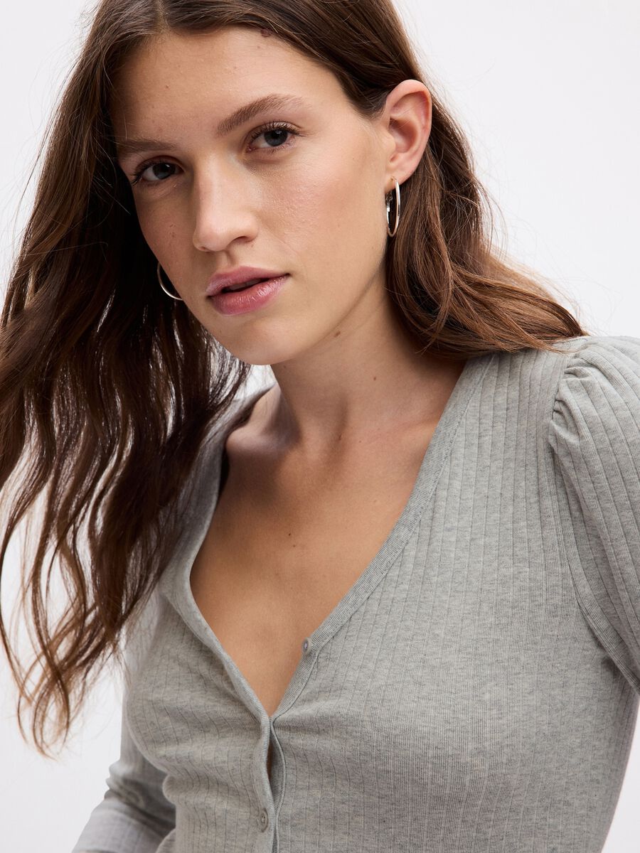 T-shirt a coste con maniche lunghe a sbuffo Donna_2