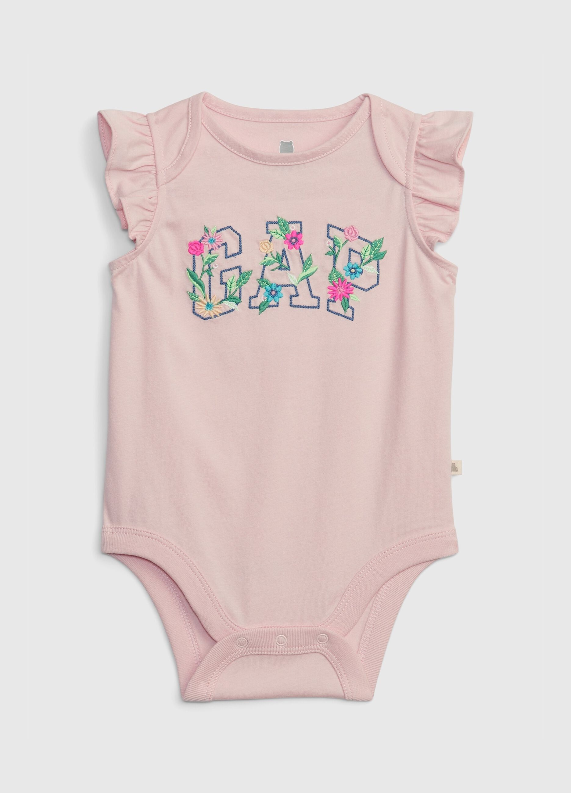 Sleeveless bodysuit with ruffles and embroidered logo