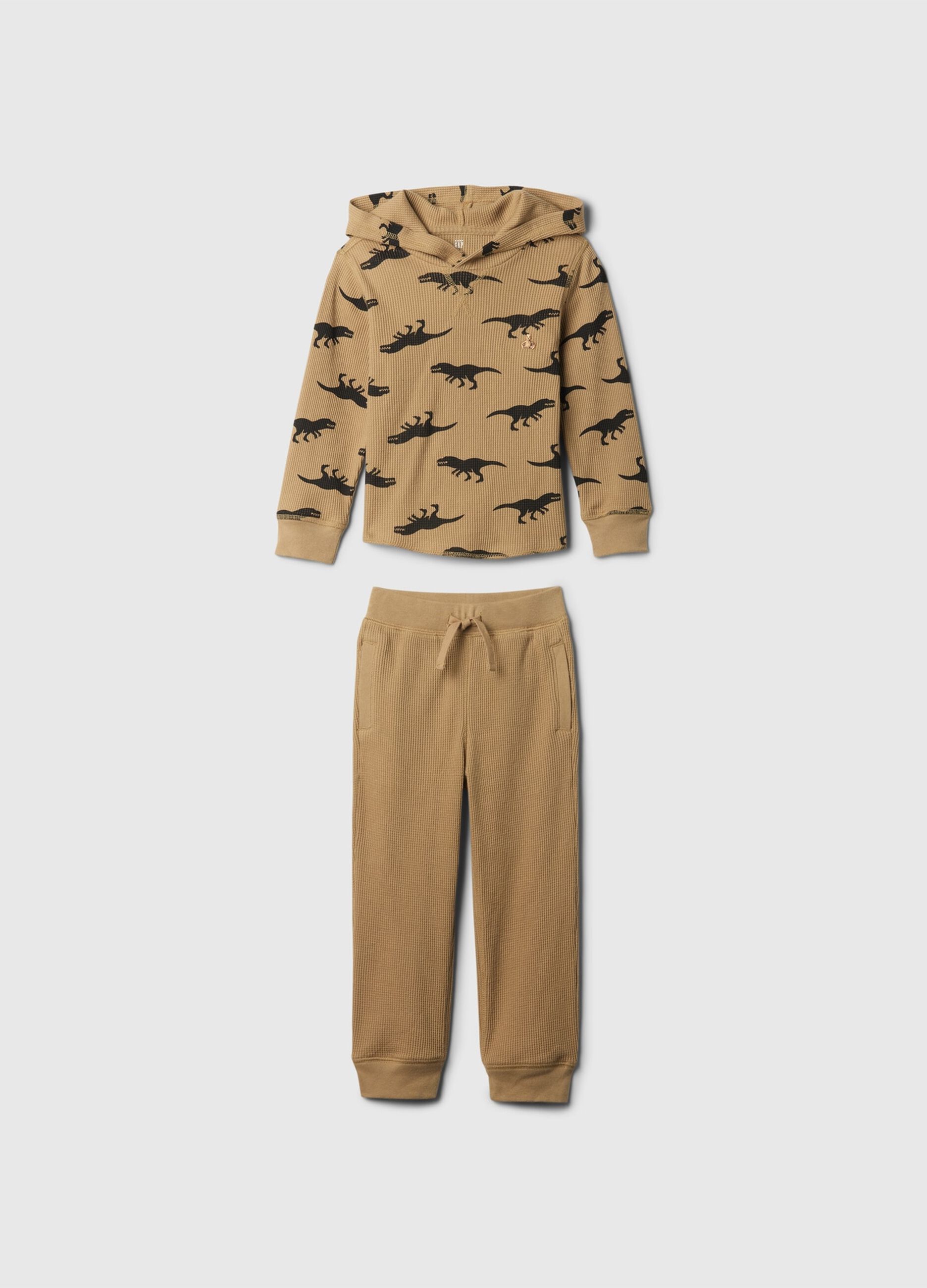 Jogging set con trama waffle e stampa dinosauri