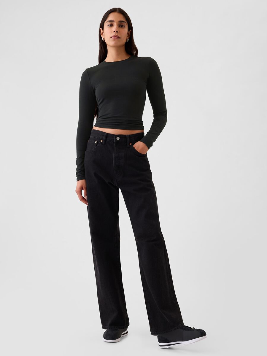 Maglietta nera a maniche lunghe elasticizzata Donna_1
