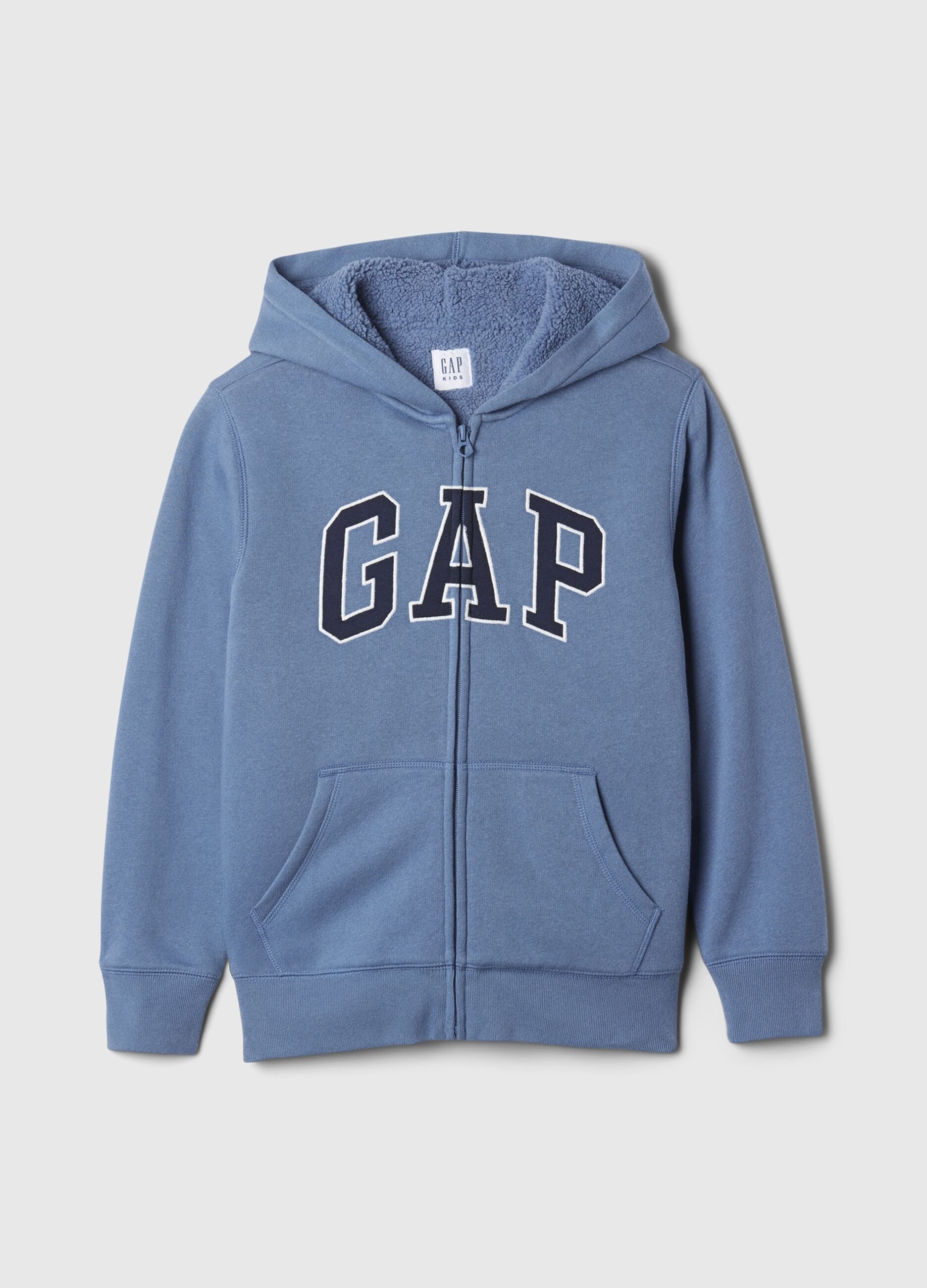 Full-zip sweatshirt and hood with sherpa lining