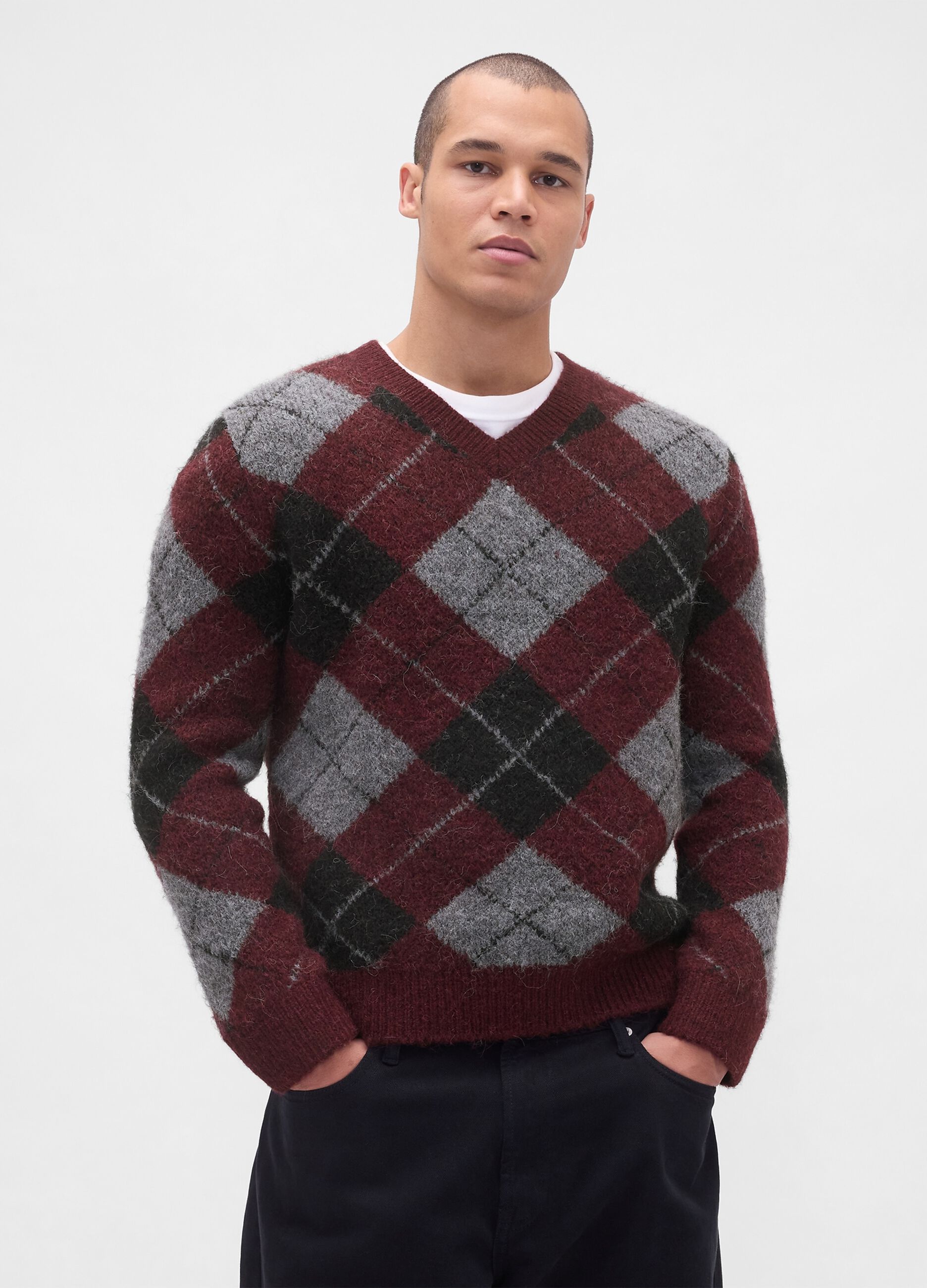 Maglione bordeaux a rombi in misto lana e alpaca