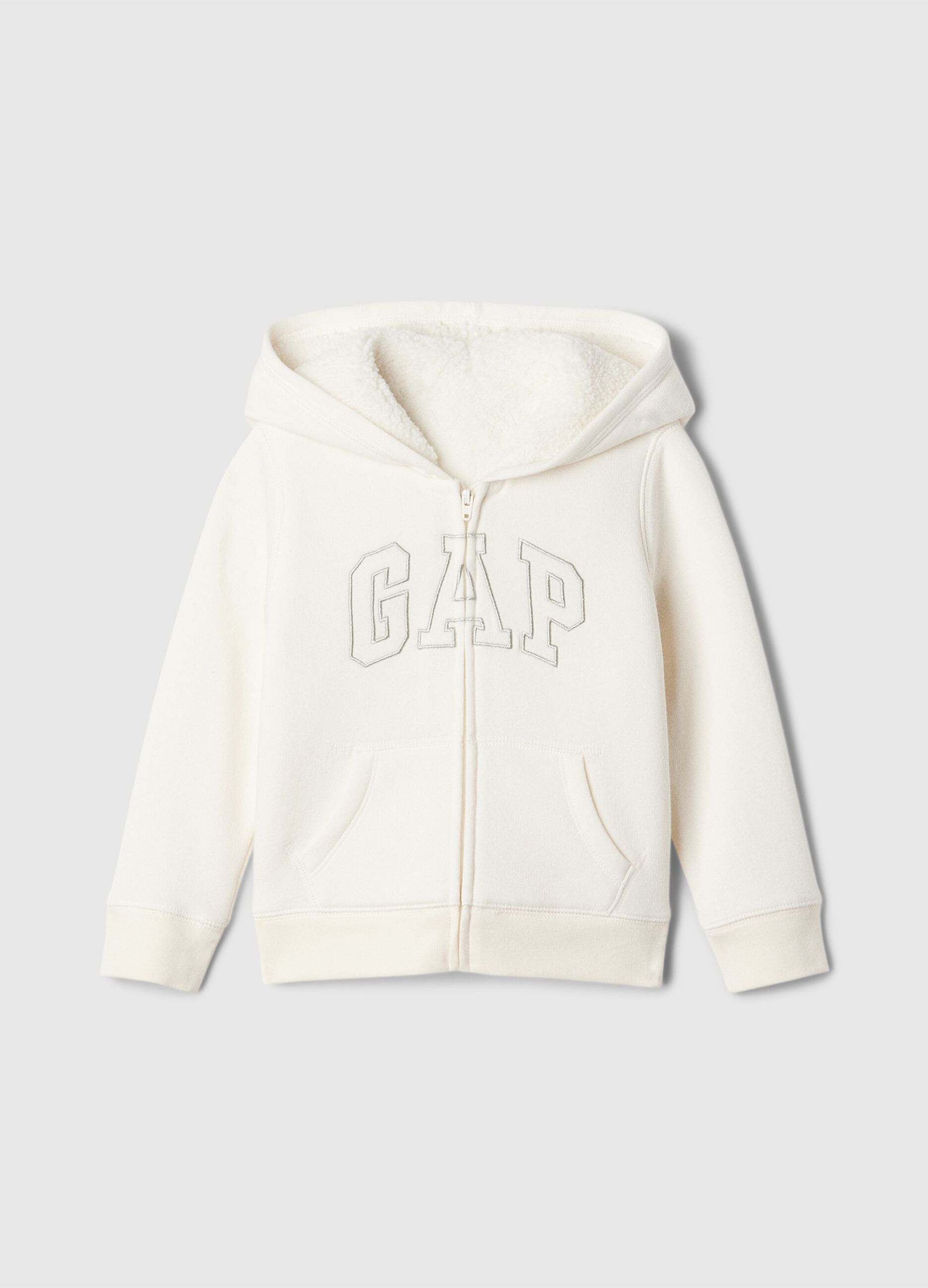 Full-zip sweatshirt and hood with sherpa lining