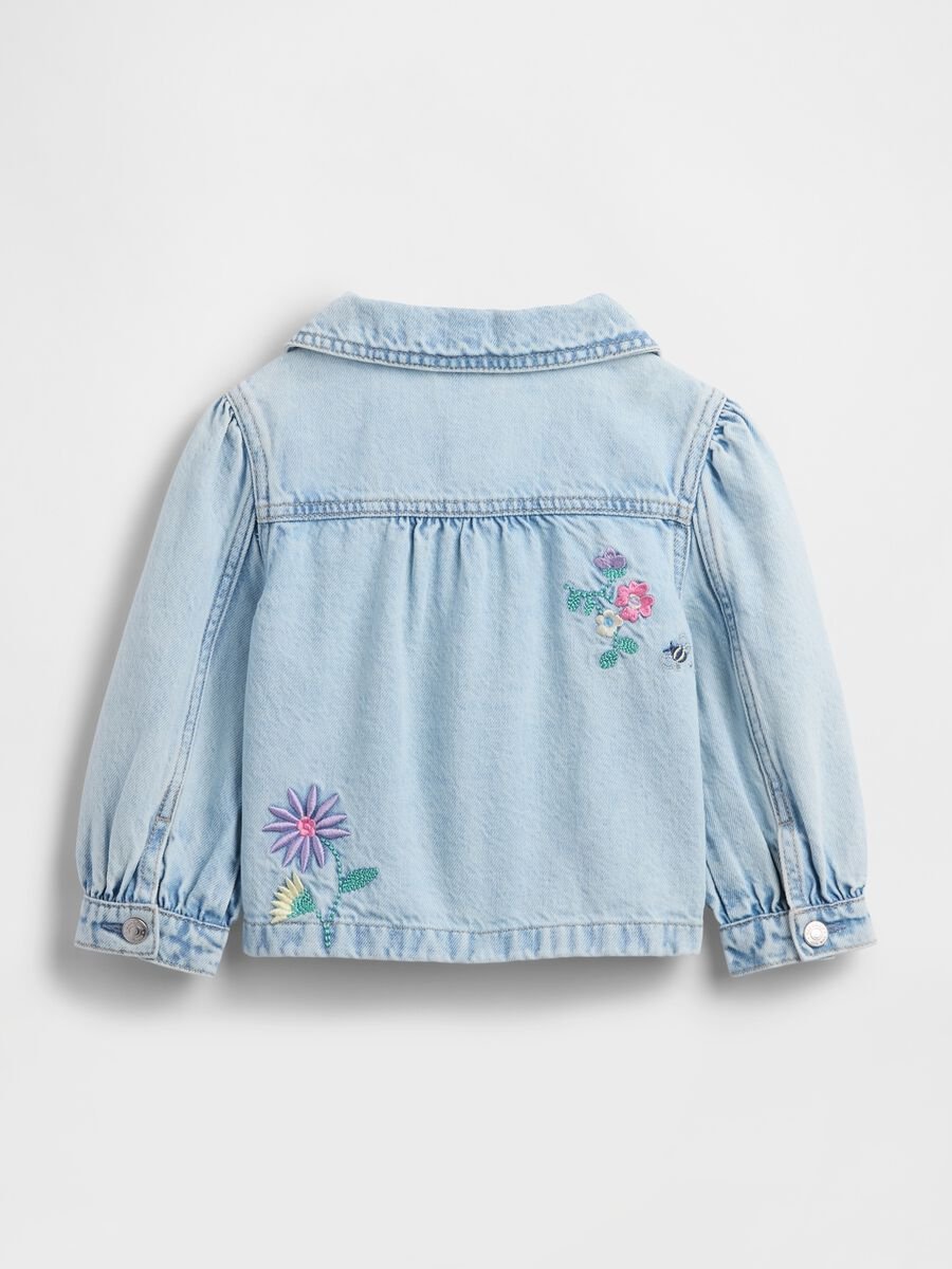 Giacca in puro cotone denim azzurro da neonata con ricami Bambina_2