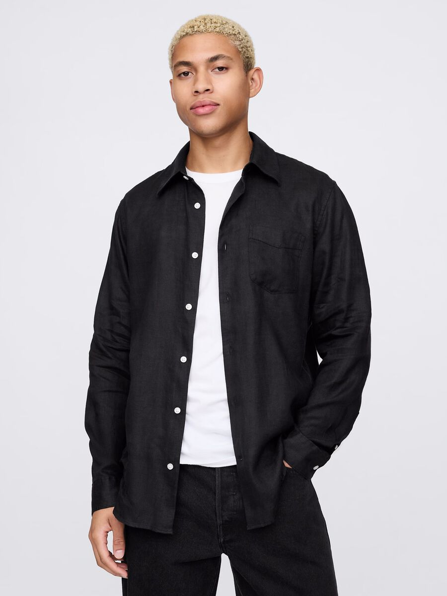 Camicia nera a maniche lunghe in lino Uomo_0