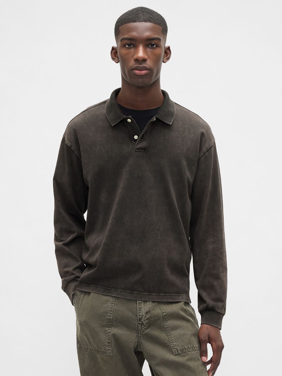 Polo marrone a maniche lunghe in cotone Uomo_0