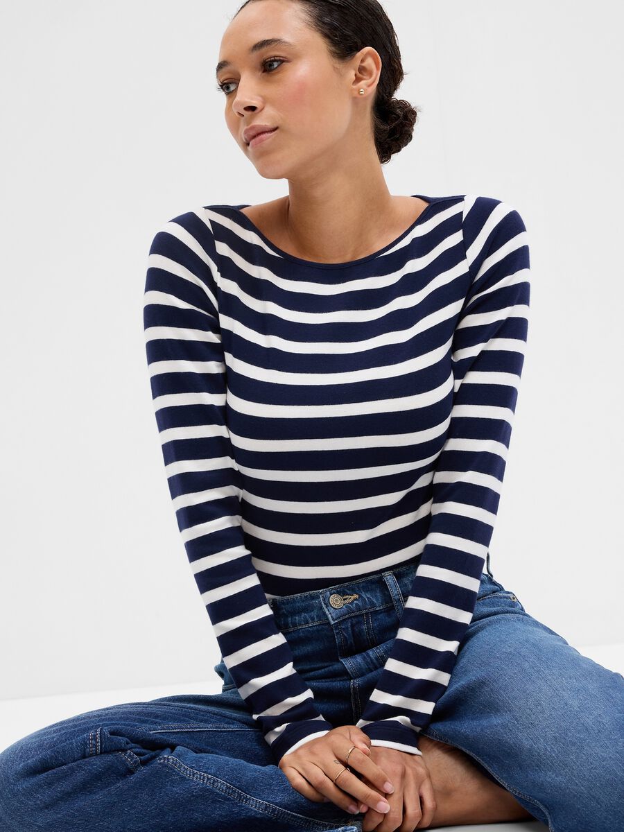 Striped T-shirt with boat neck Woman_0
