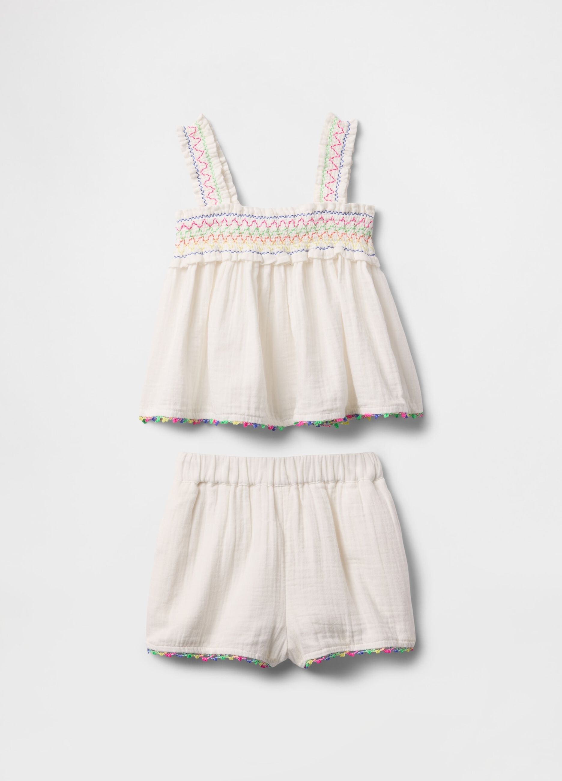 Completo estivo per bambina bianco con ricami colorati_1