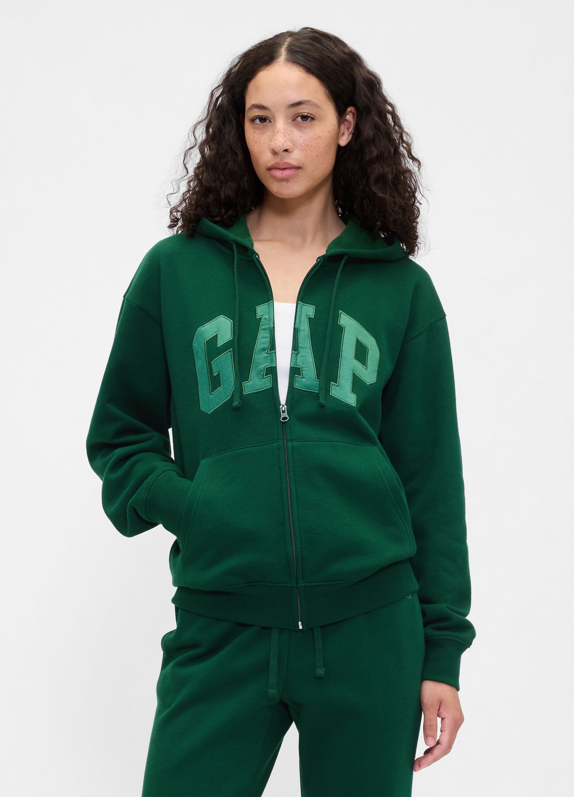 Green Hooded Sweatshirt with Full Zip