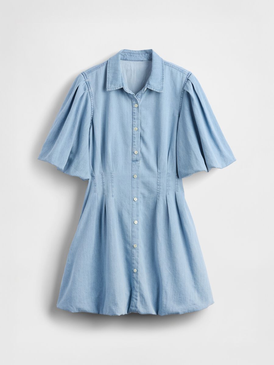 Blue cotton dress with puff sleeves Woman_3