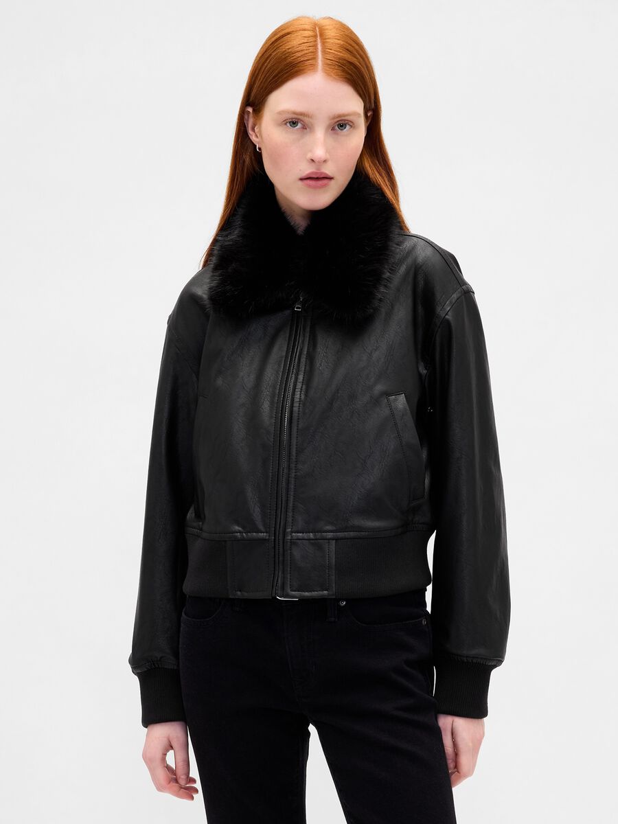 Black bomber jacket with faux fur collar Woman_0