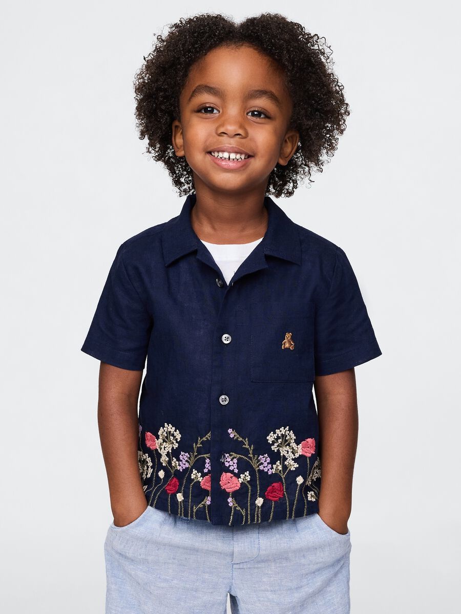 Camicia a maniche corte blu navy con ricami floreali Baby Boy_0
