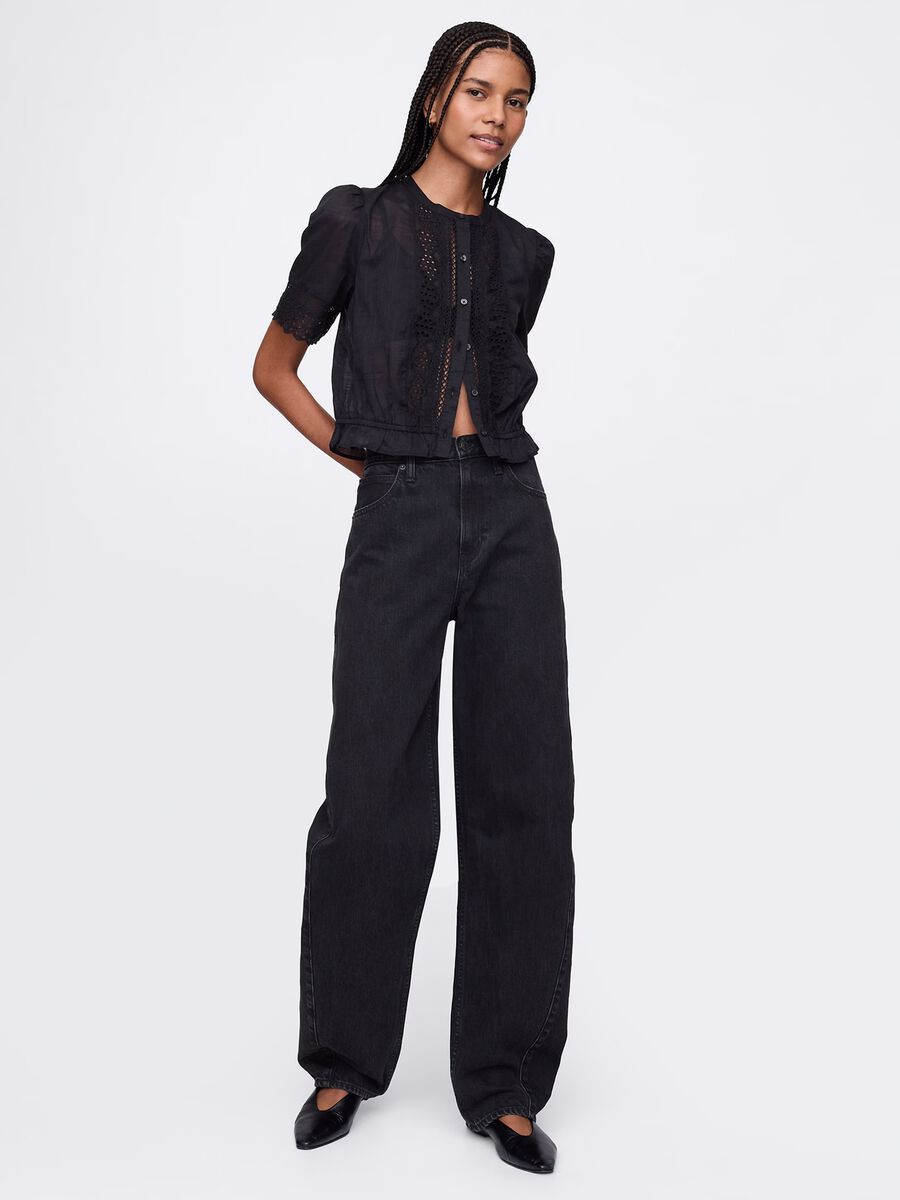 Blusa nera ricamata in cotone Donna_1