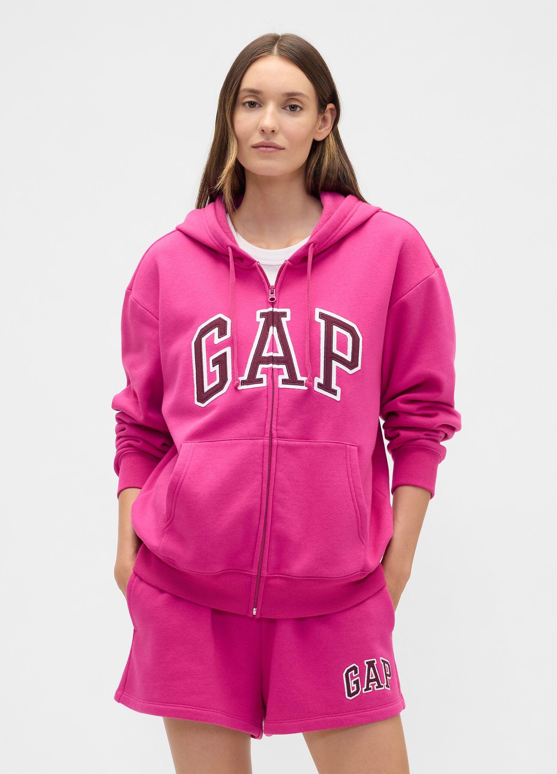 Felpa rosa con cappuccio e zip intera