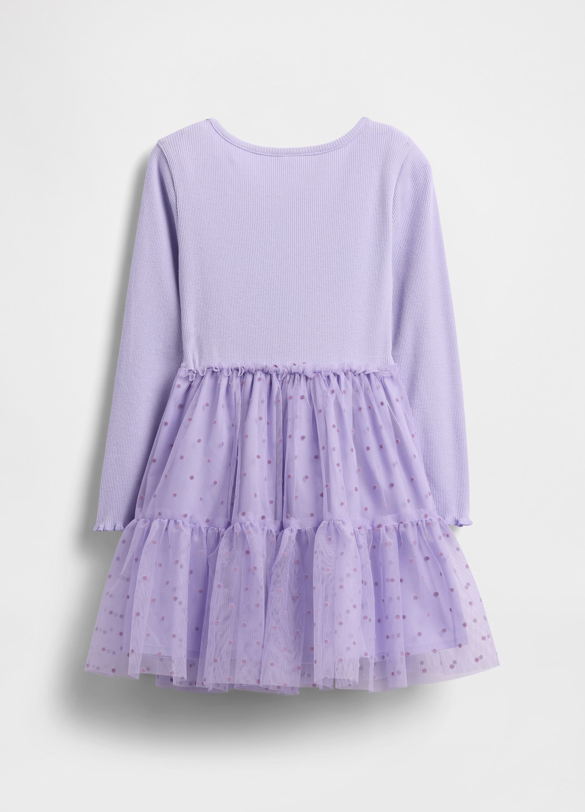 Abito viola in misto materiale con tulle_2