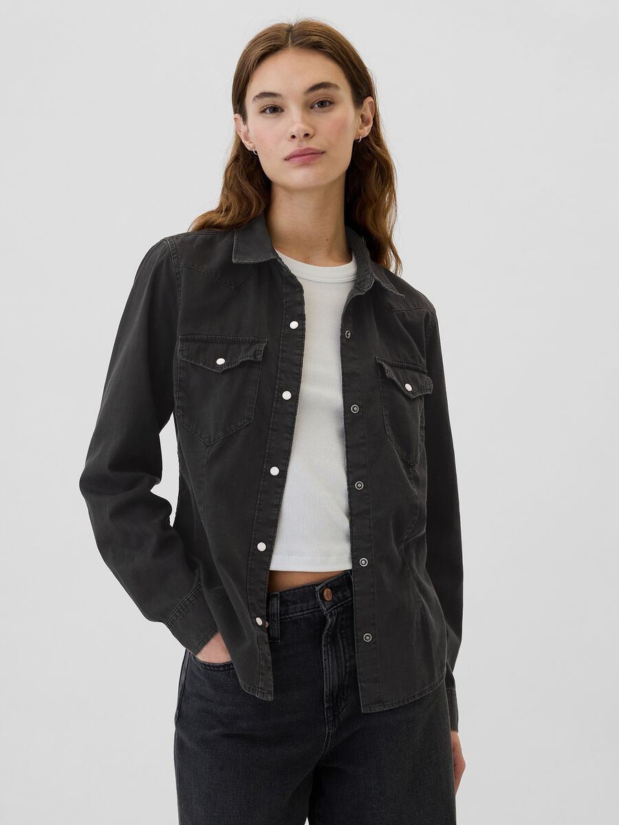 Camicia western in denim con bottoni perlati Donna_0