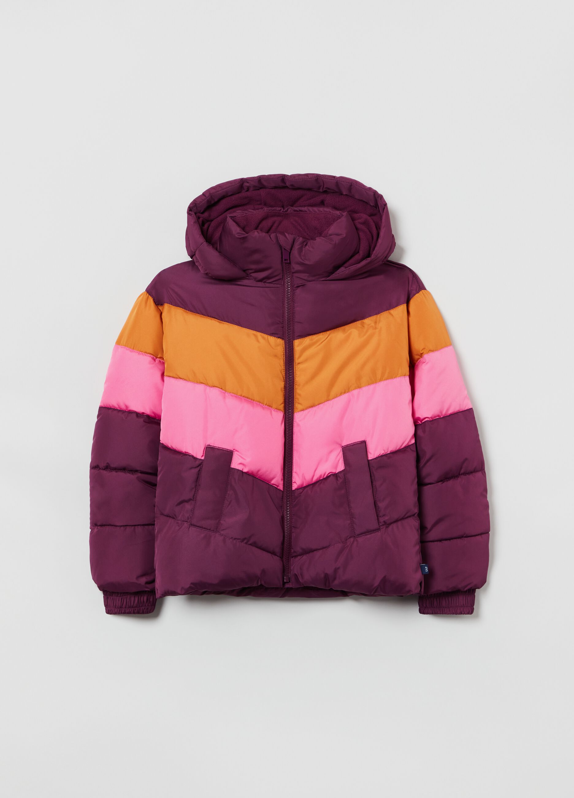 Piumino full-zip color block con cappuccio