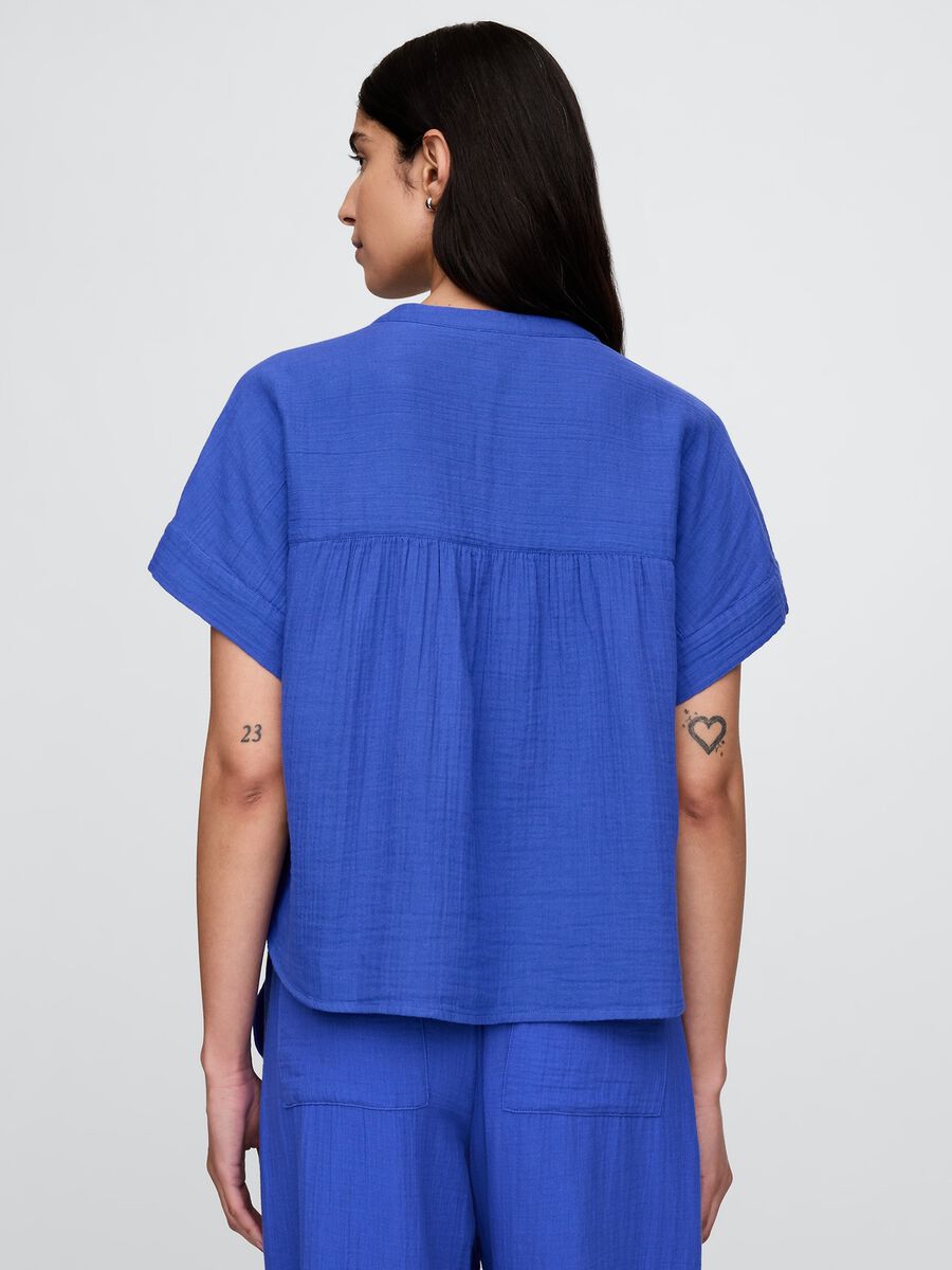 Blusa blu in misto cotone e viscosa con maniche corte Donna_2