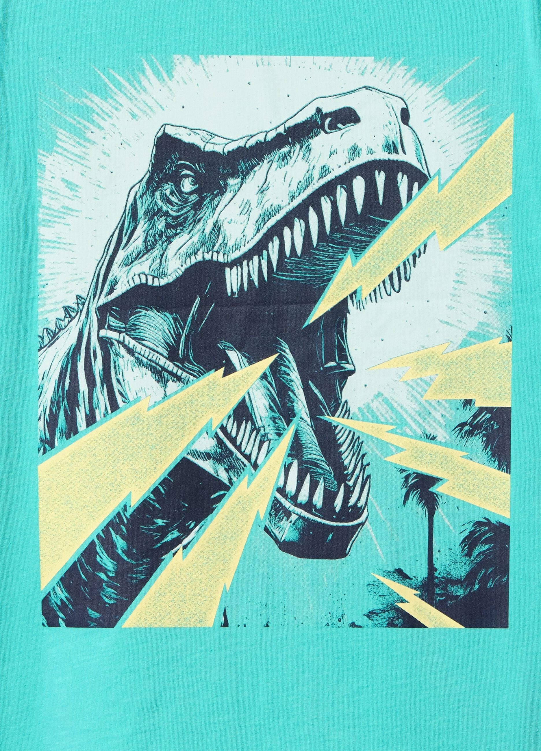 T-shirt grafica turchese con dinosauro_1