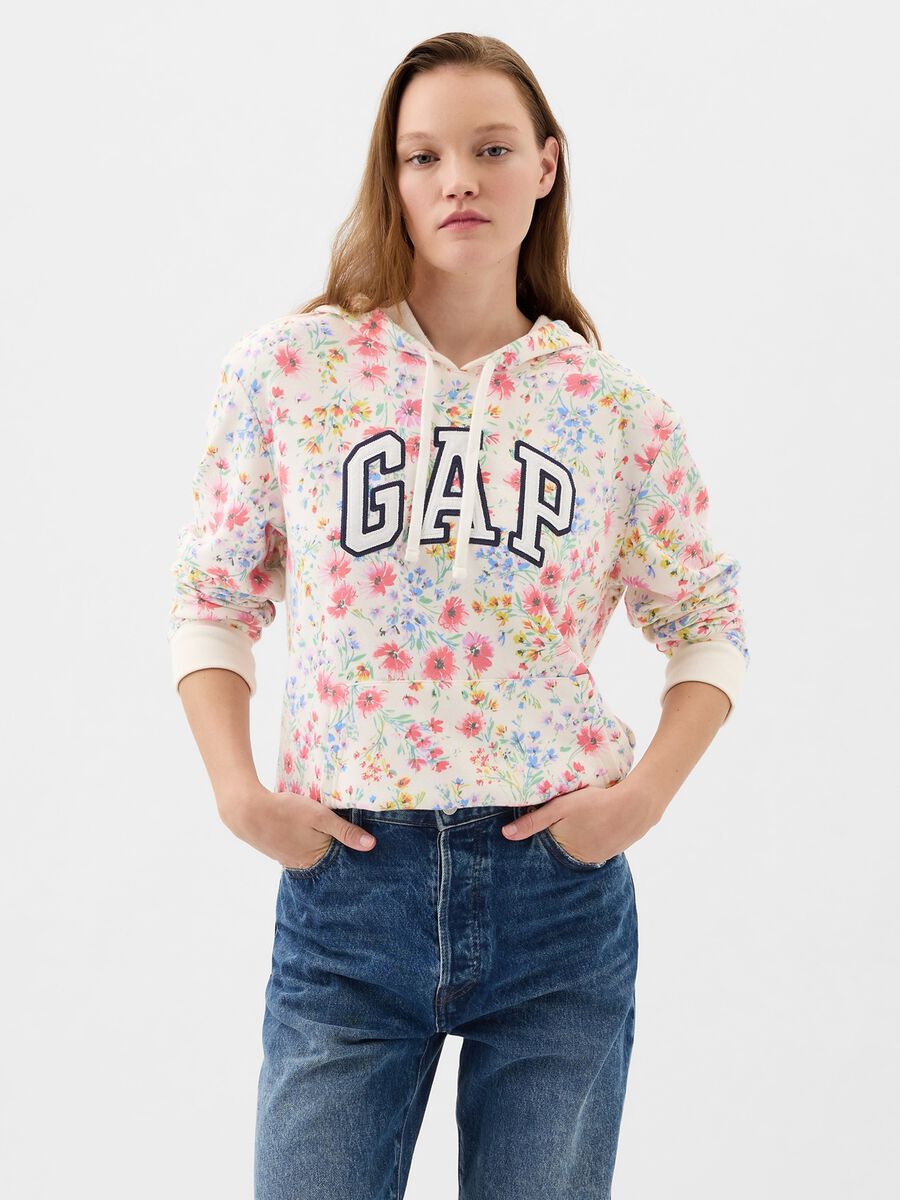 Felpa floreale con cappuccio e ricamo logo Donna_0