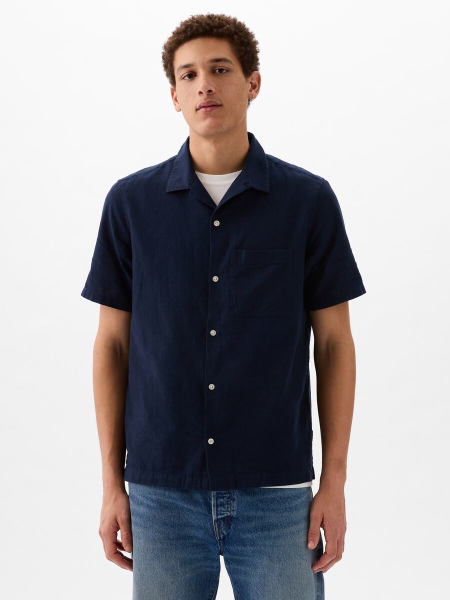 Camicia a maniche corte in lino e cotone Uomo_0